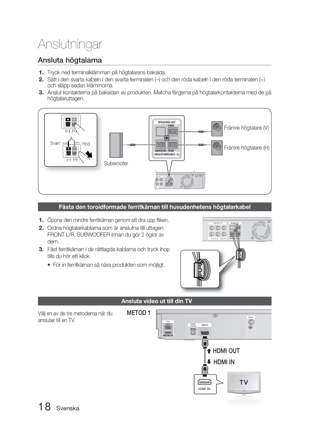 Samsung HT-D5000/XE manual Ansluta högtalarna, Ansluta video ut till din TV, Subwoofer, Främre högtalare Främre högtalare H 