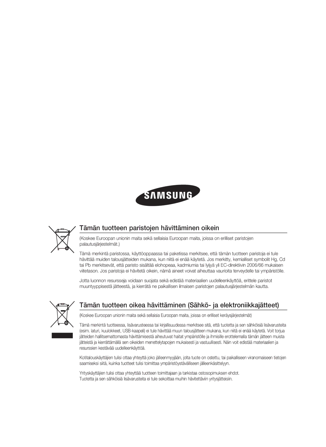 Samsung HT-D5000/XE manual Tämän tuotteen paristojen hävittäminen oikein 