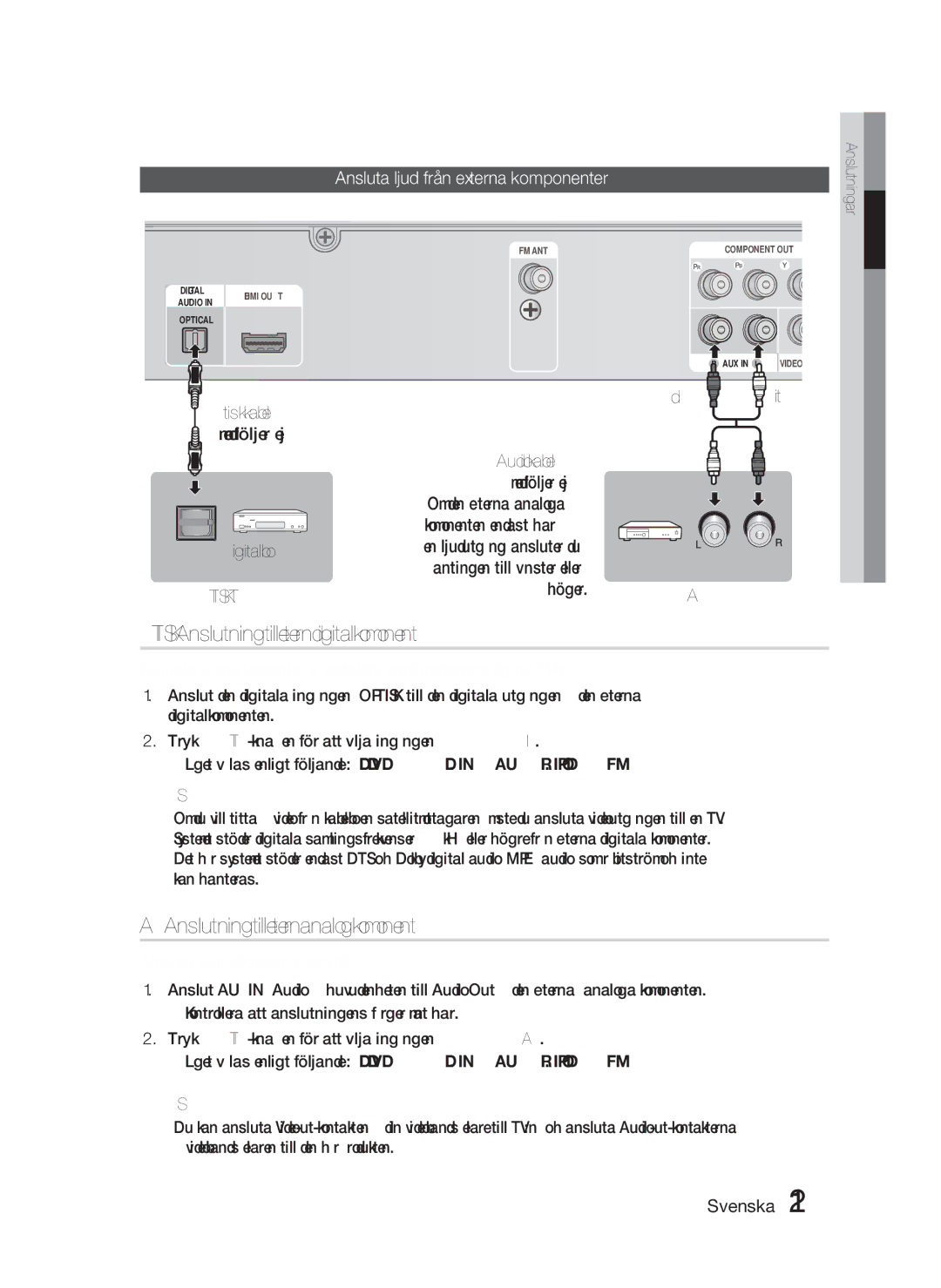 Samsung HT-D5000/XE manual Optisk Anslutning till extern, digital komponent, AUX Anslutning till extern, analog komponent 