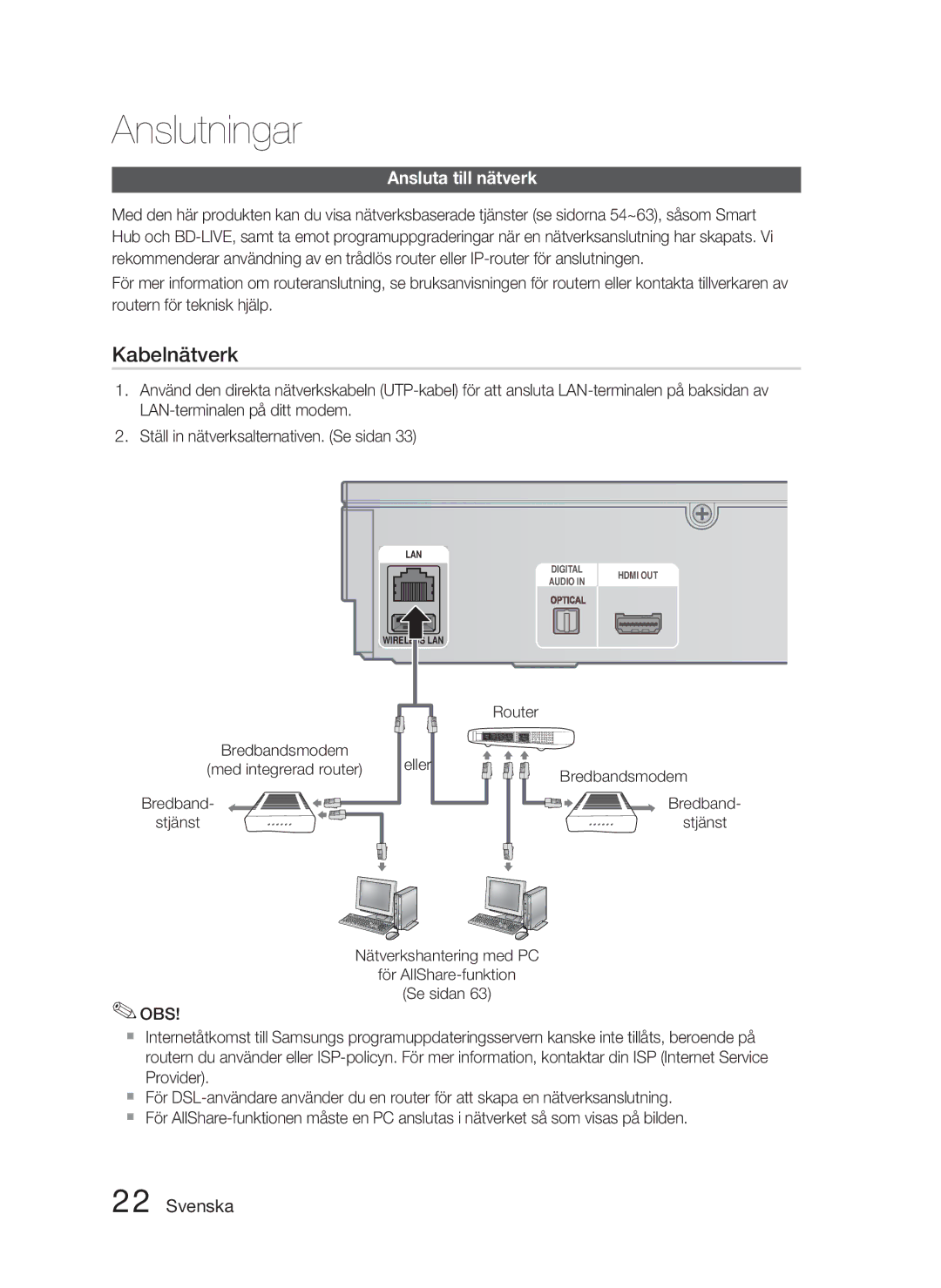 Samsung HT-D5000/XE manual Ansluta till nätverk, Bredband Stjänst, Obs, Eller, Med integrerad router 