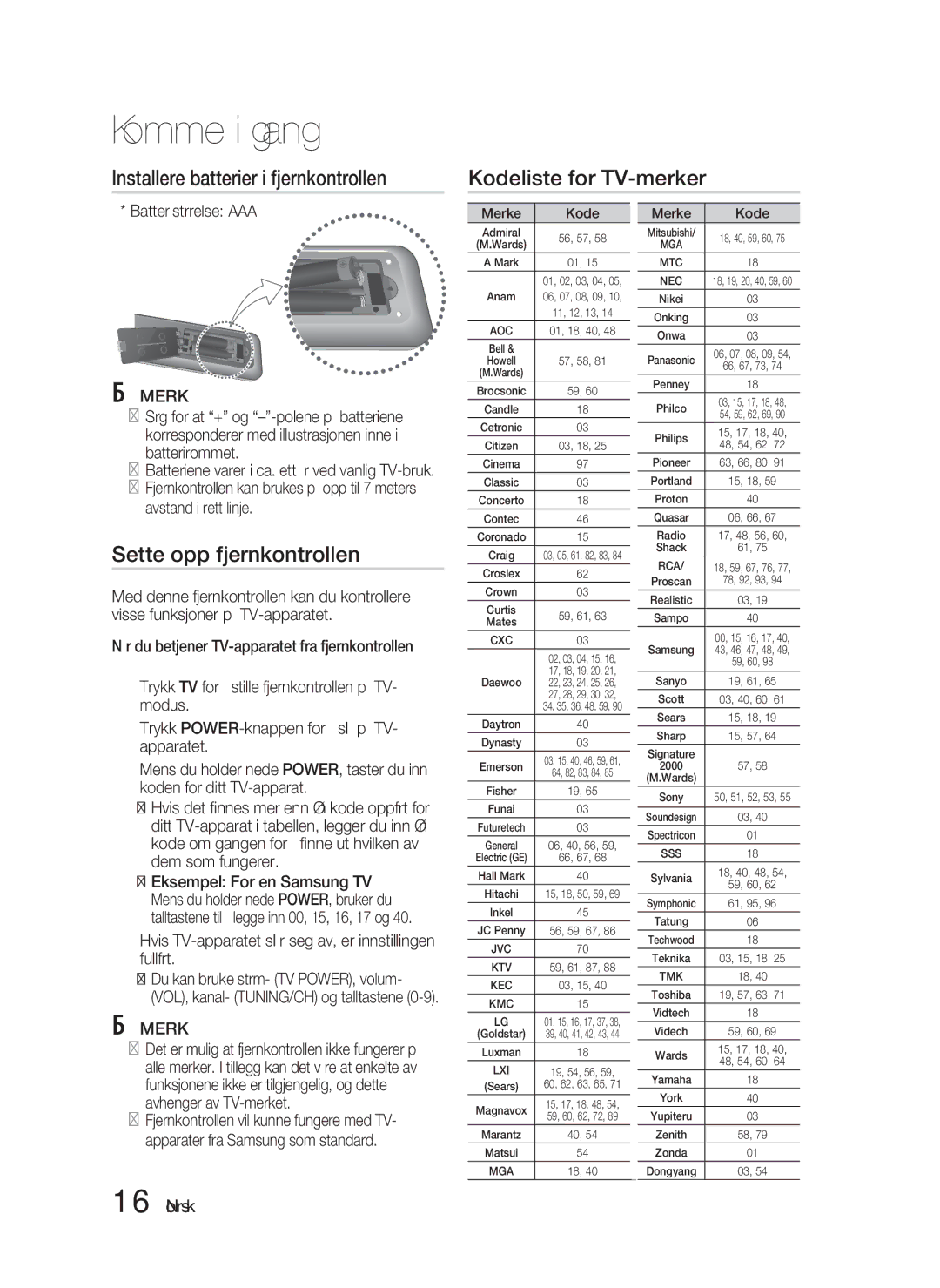 Samsung HT-D5000/XE manual Sette opp fjernkontrollen, Hvis TV-apparatet slår seg av, er innstillingen fullført, Merke Kode 