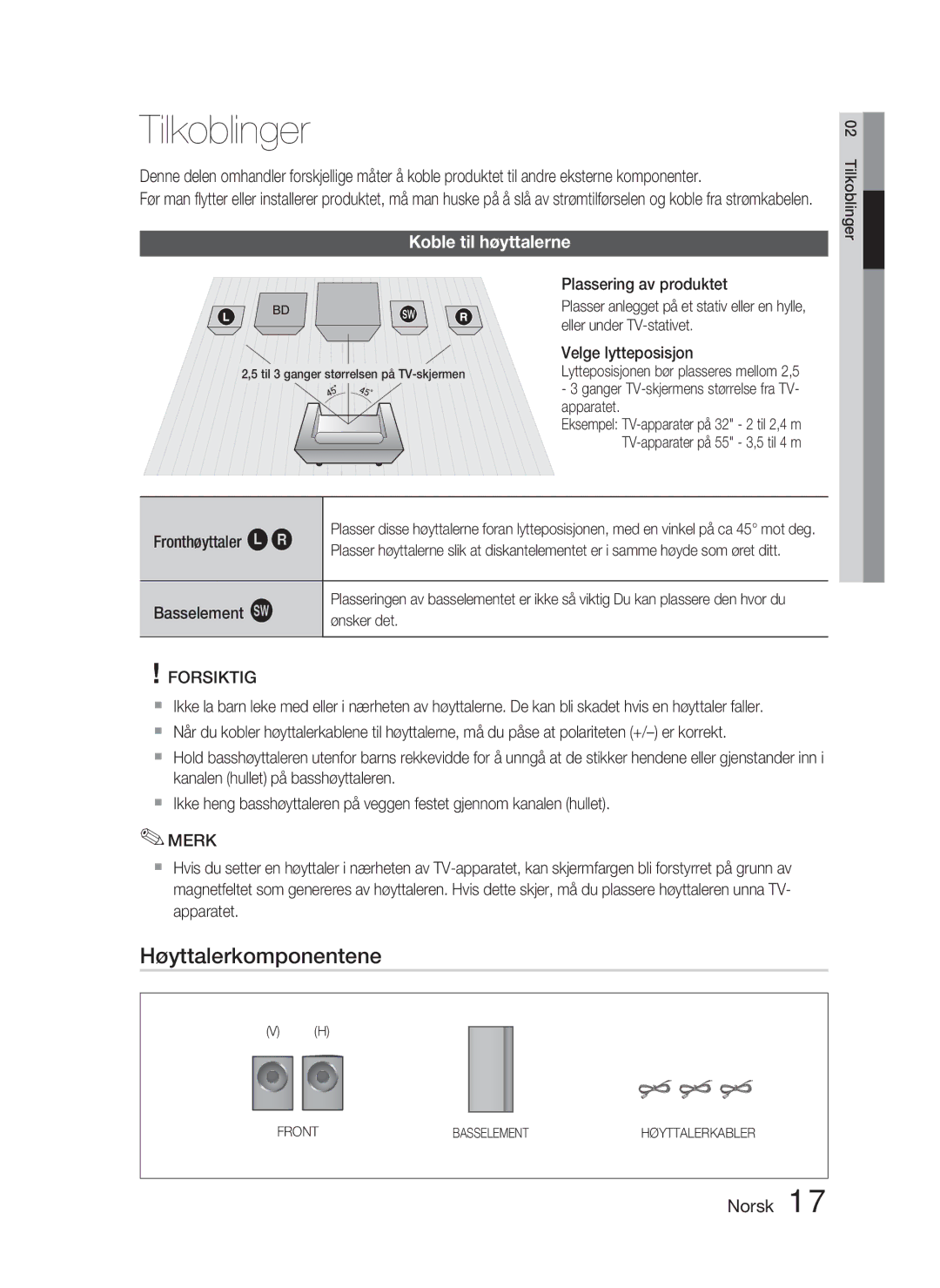 Samsung HT-D5000/XE manual Tilkoblinger, Høyttalerkomponentene, Koble til høyttalerne, Fronthøyttaler ei Basselement g 