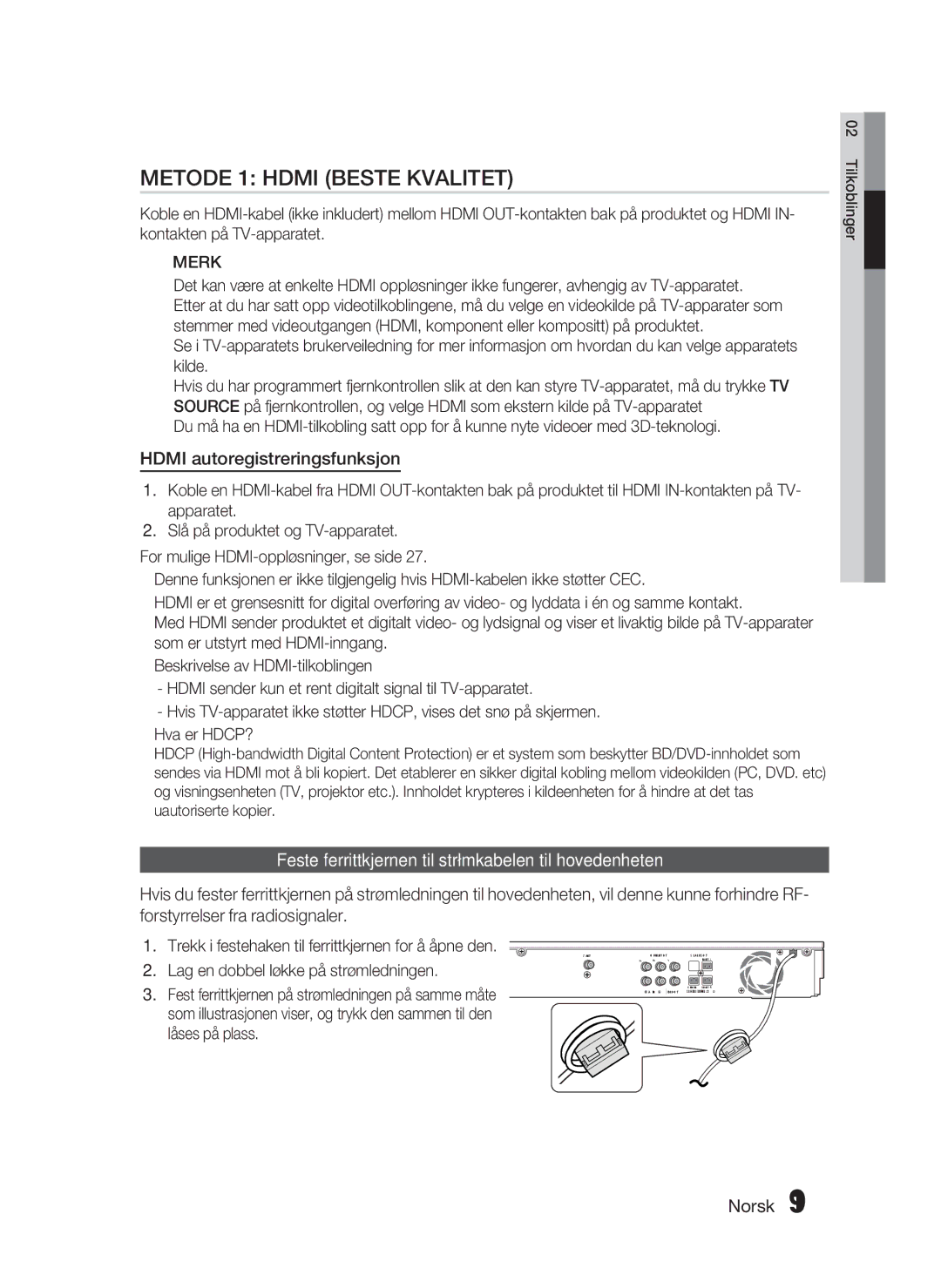 Samsung HT-D5000/XE manual Hdmi autoregistreringsfunksjon, Feste ferrittkjernen til strømkabelen til hovedenheten 