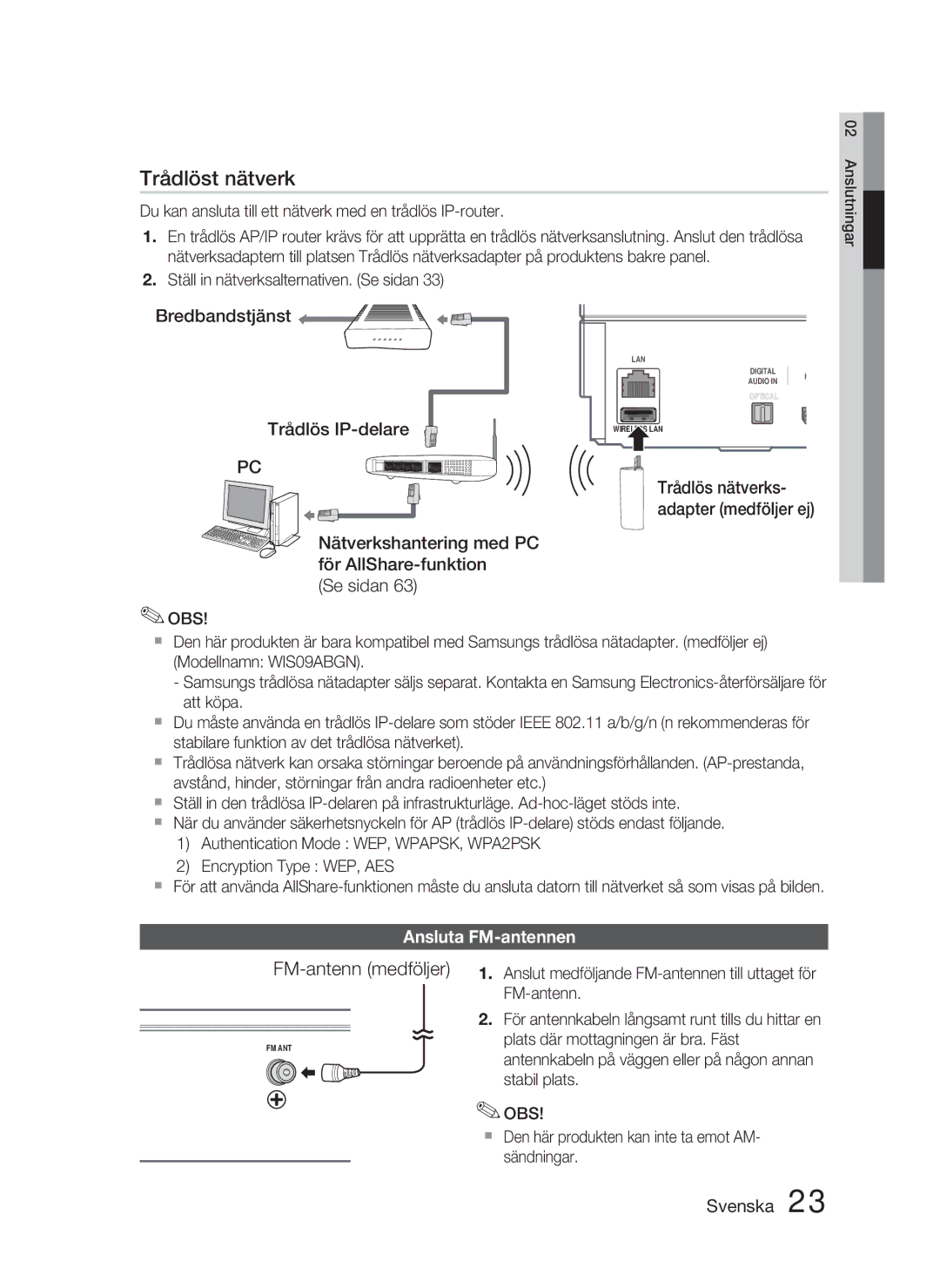 Samsung HT-D5000/XE manual FM-antenn medföljer, Bredbandstjänst Trådlös IP-delare, Se sidan, Ansluta FM-antennen 