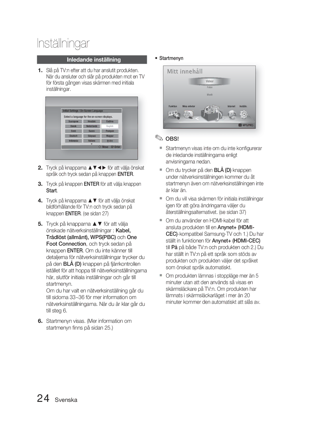 Samsung HT-D5000/XE manual Inställningar, Inledande inställning, Tryck på knappen Enter för att välja knappen Start 