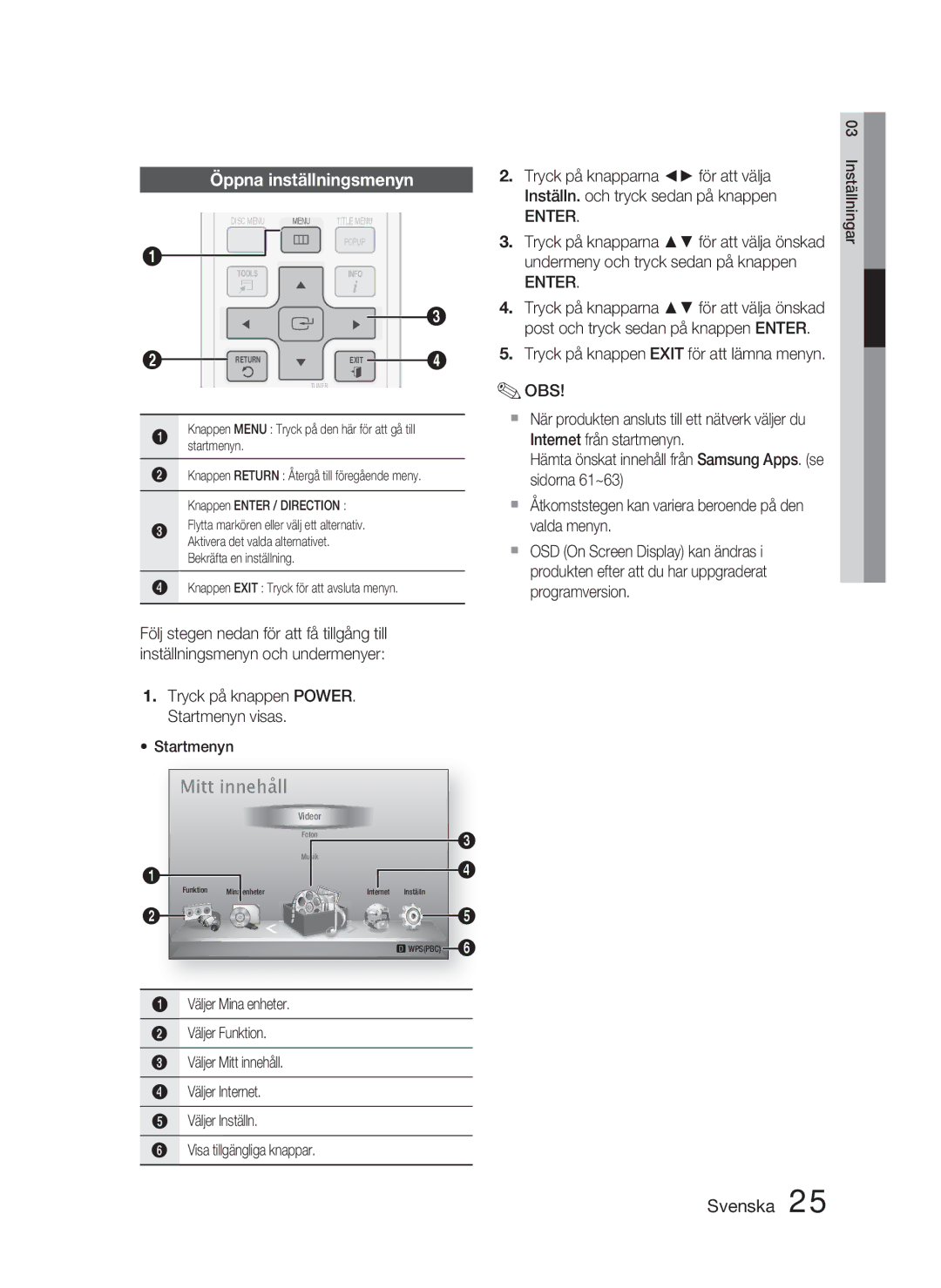 Samsung HT-D5000/XE manual Öppna inställningsmenyn, Enter, Undermeny och tryck sedan på knappen 