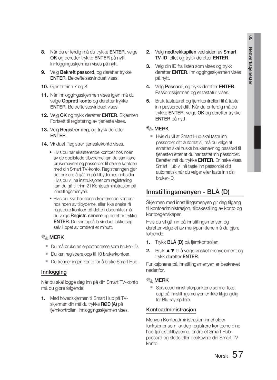 Samsung HT-D5000/XE manual Innstillingsmenyen BLÅ D, Innlogging, Kontoadministrasjon 