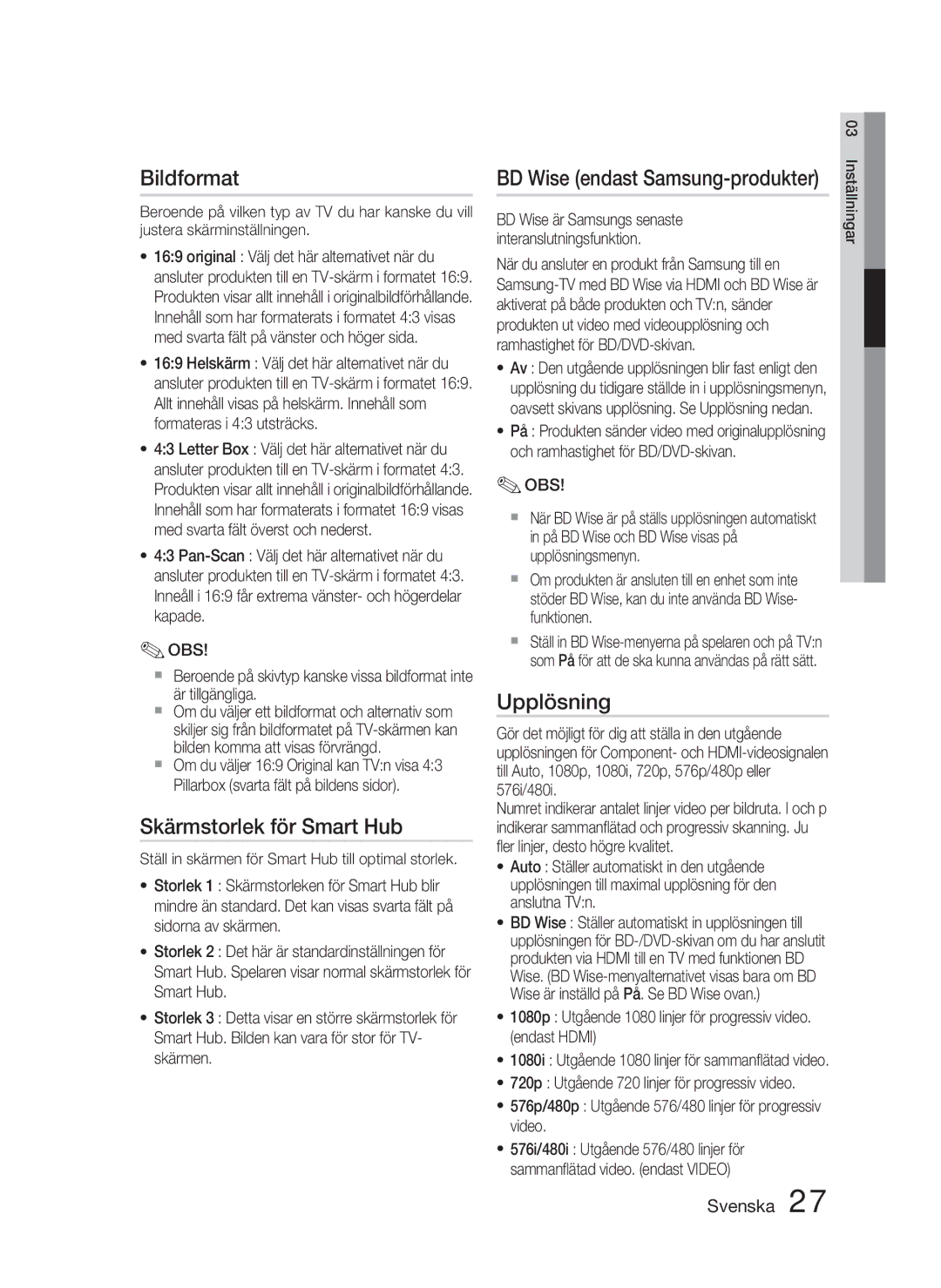 Samsung HT-D5000/XE manual Bildformat, Skärmstorlek för Smart Hub, Upplösning, BD Wise endast Samsung-produkter 