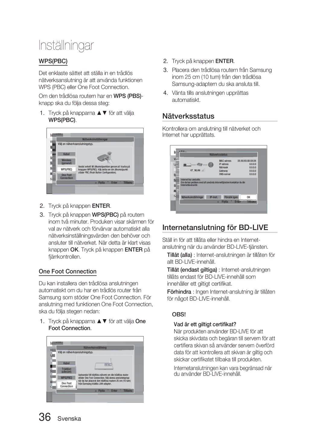 Samsung HT-D5000/XE manual Nätverksstatus, Internetanslutning för BD-LIVE, One Foot Connection, Tryck på knappen Enter 