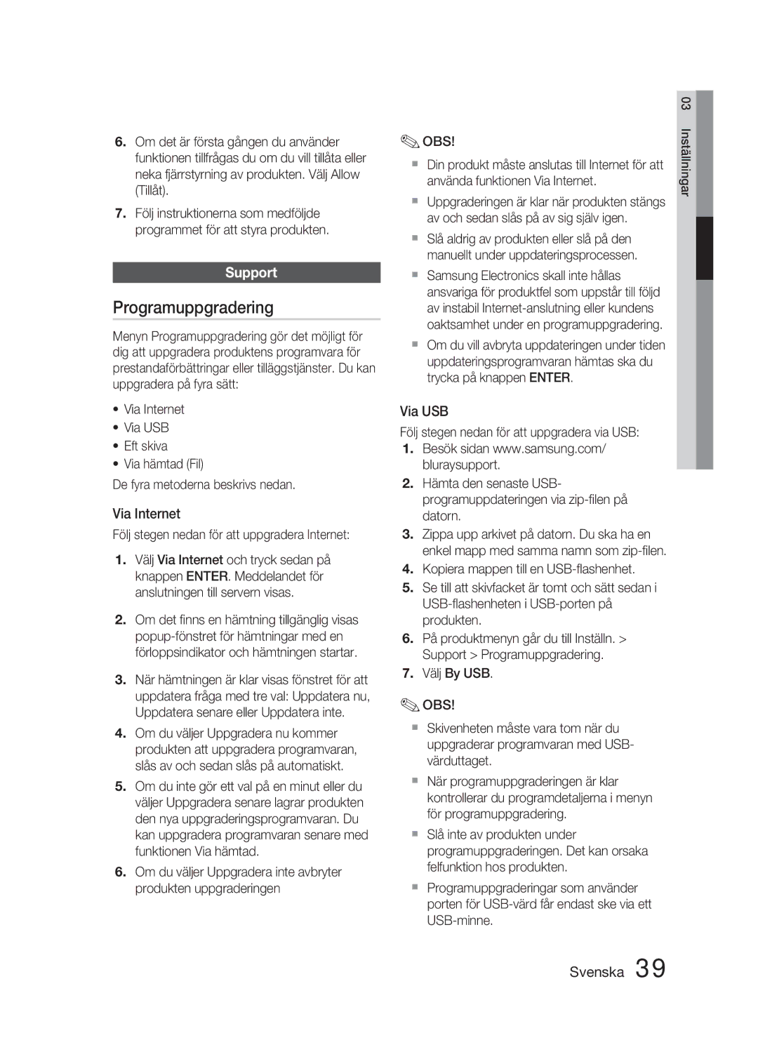 Samsung HT-D5000/XE manual Programuppgradering, Support, Via Internet, Via USB 