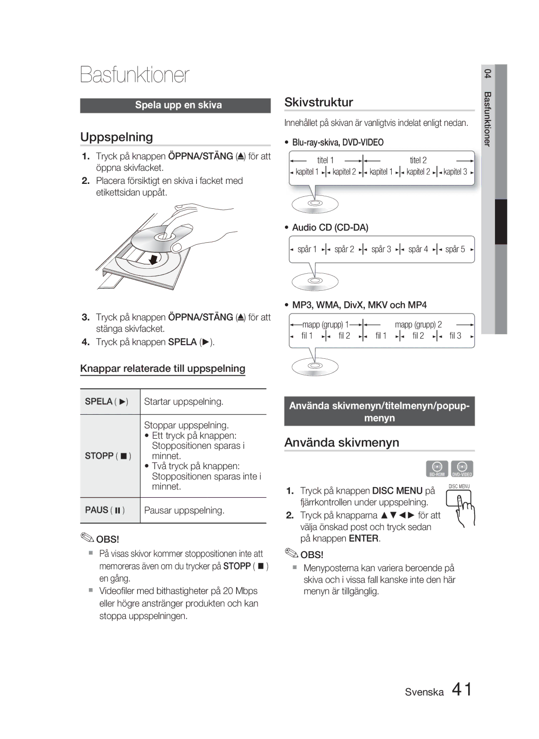 Samsung HT-D5000/XE manual Basfunktioner, Uppspelning, Skivstruktur, Använda skivmenyn 