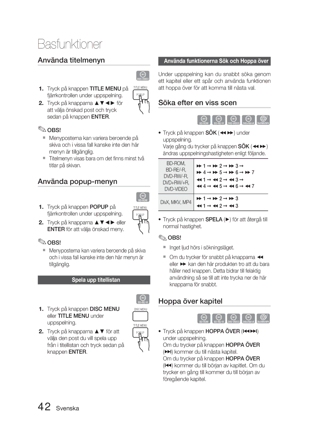 Samsung HT-D5000/XE manual Använda titelmenyn, Söka efter en viss scen, Använda popup-menyn, Hoppa över kapitel 