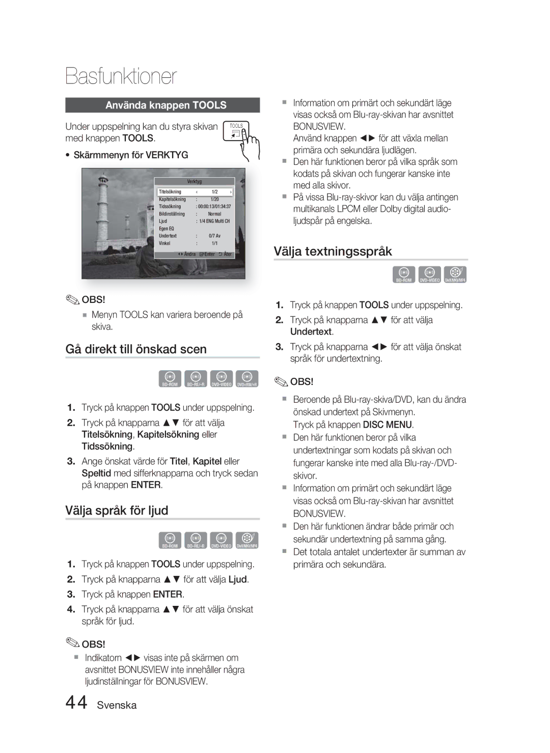 Samsung HT-D5000/XE manual Gå direkt till önskad scen, Välja språk för ljud, Välja textningsspråk, Använda knappen Tools 