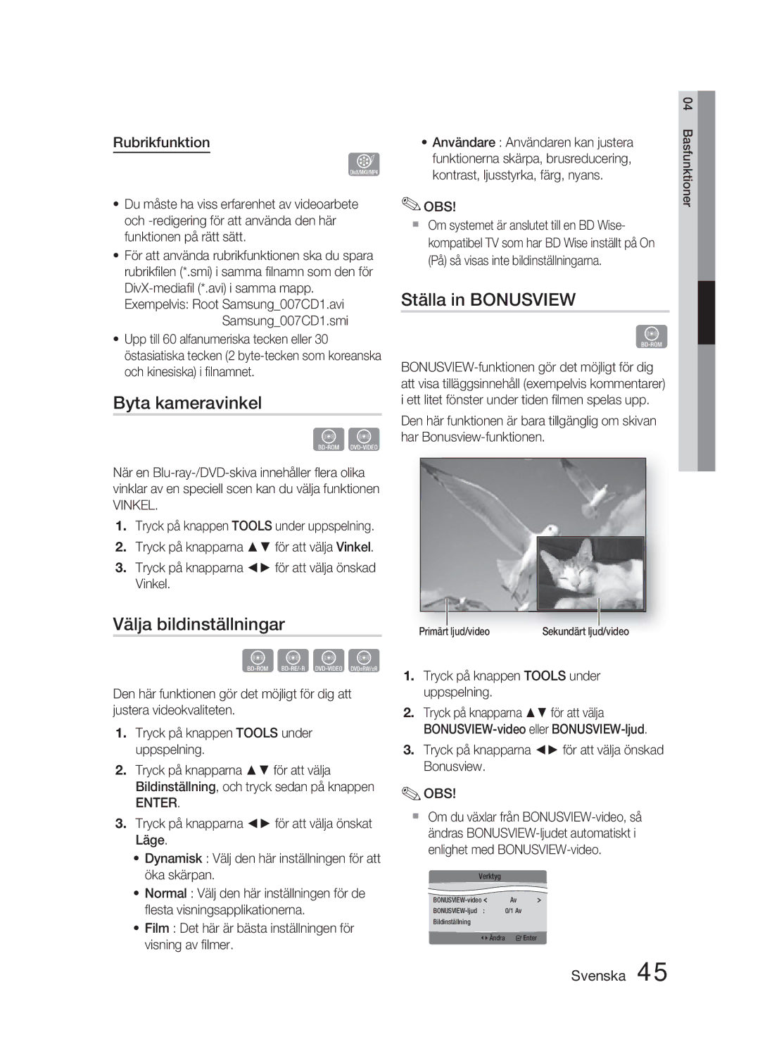 Samsung HT-D5000/XE manual Byta kameravinkel, Ställa in Bonusview, Välja bildinställningar, Rubrikfunktion, Vinkel 