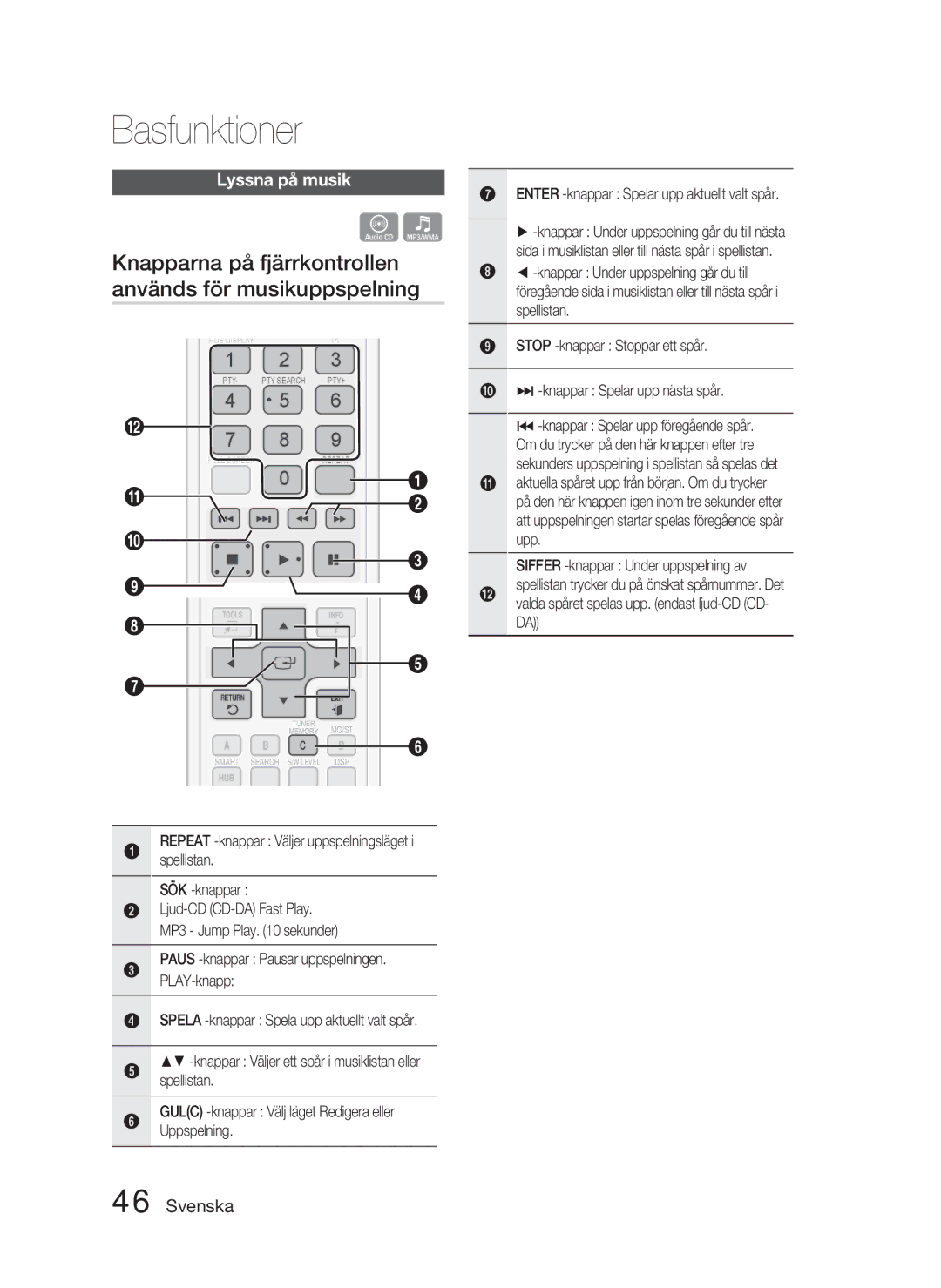 Samsung HT-D5000/XE manual Knapparna på fjärrkontrollen används för musikuppspelning, Lyssna på musik 