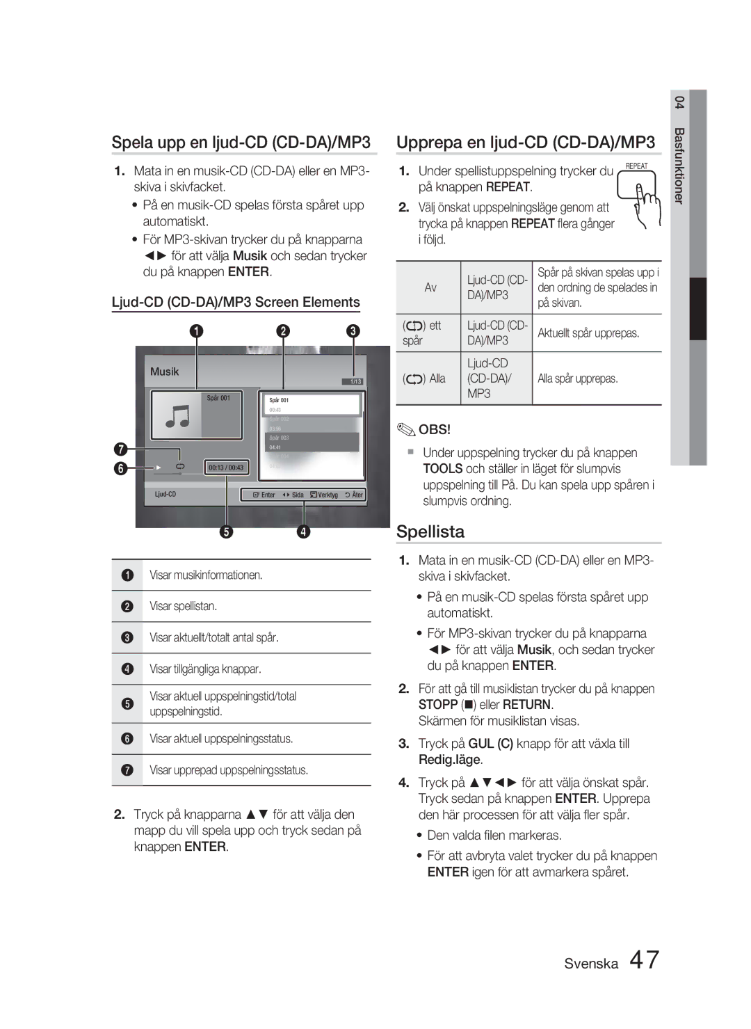 Samsung HT-D5000/XE manual Spela upp en ljud-CD CD-DA/MP3, Upprepa en ljud-CD CD-DA/MP3, Spellista 