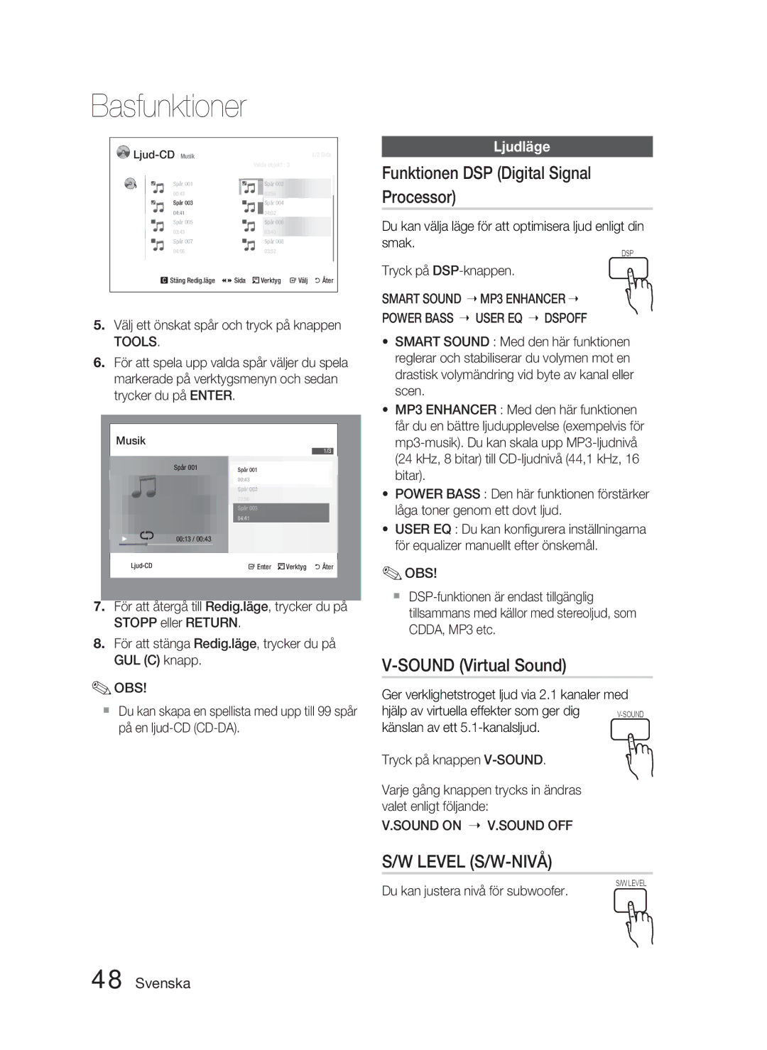 Samsung HT-D5000/XE manual Funktionen DSP Digital Signal Processor, Sound Virtual Sound, Ljudläge 