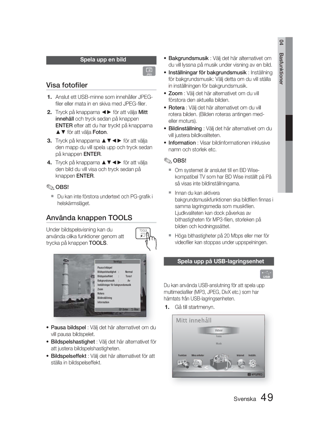 Samsung HT-D5000/XE manual Visa fotoﬁler, Använda knappen Tools, Spela upp en bild, Spela upp på USB-lagringsenhet 