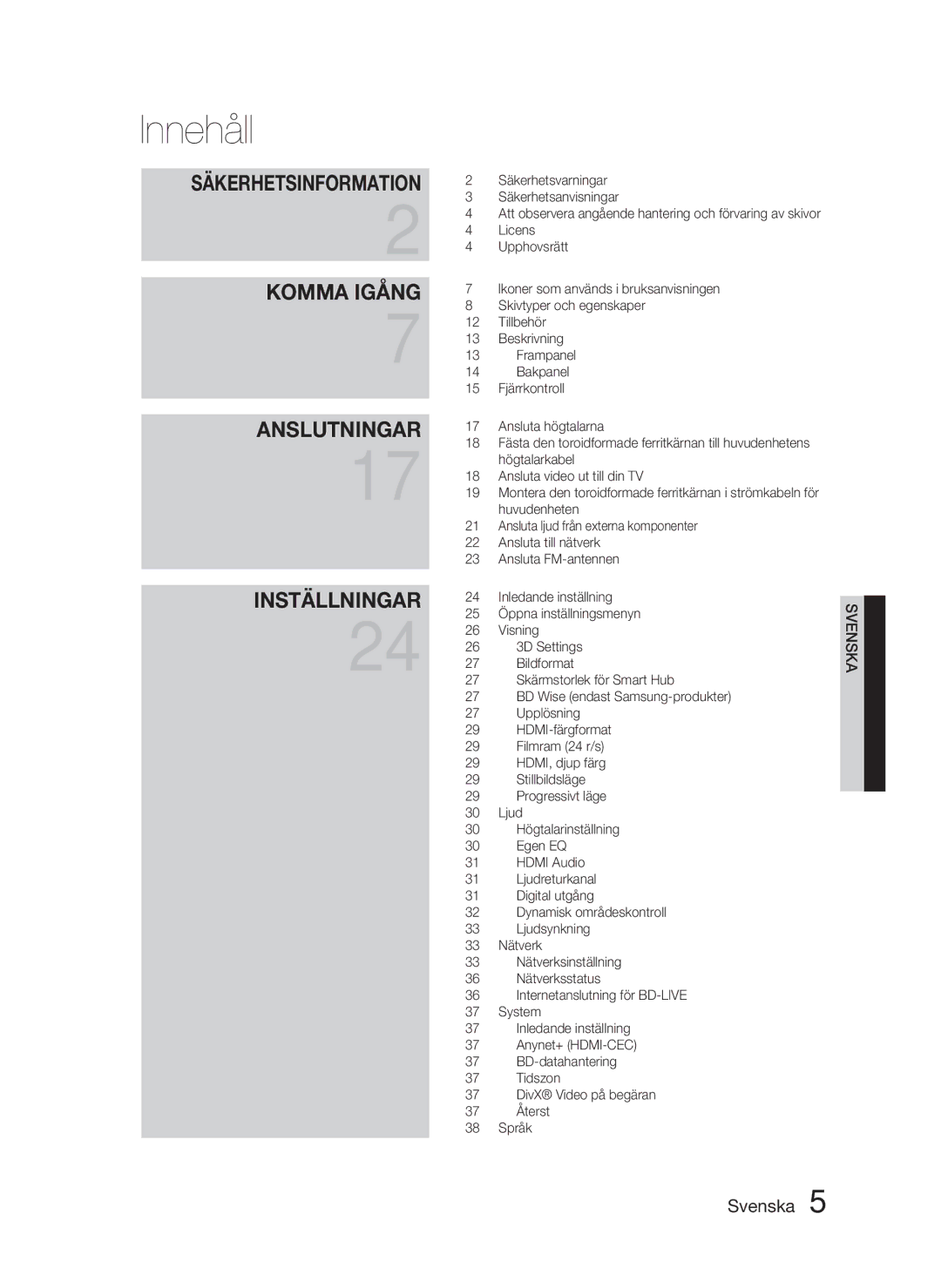 Samsung HT-D5000/XE manual Innehåll 