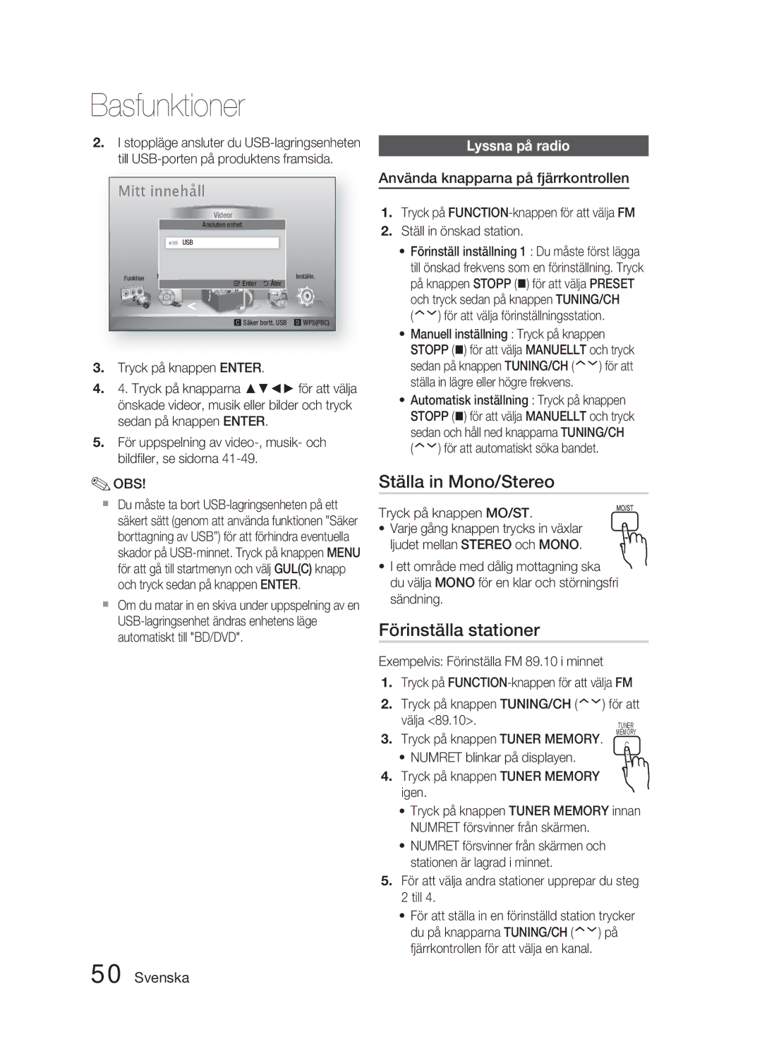 Samsung HT-D5000/XE Ställa in Mono/Stereo, Förinställa stationer, Lyssna på radio, Använda knapparna på fjärrkontrollen 