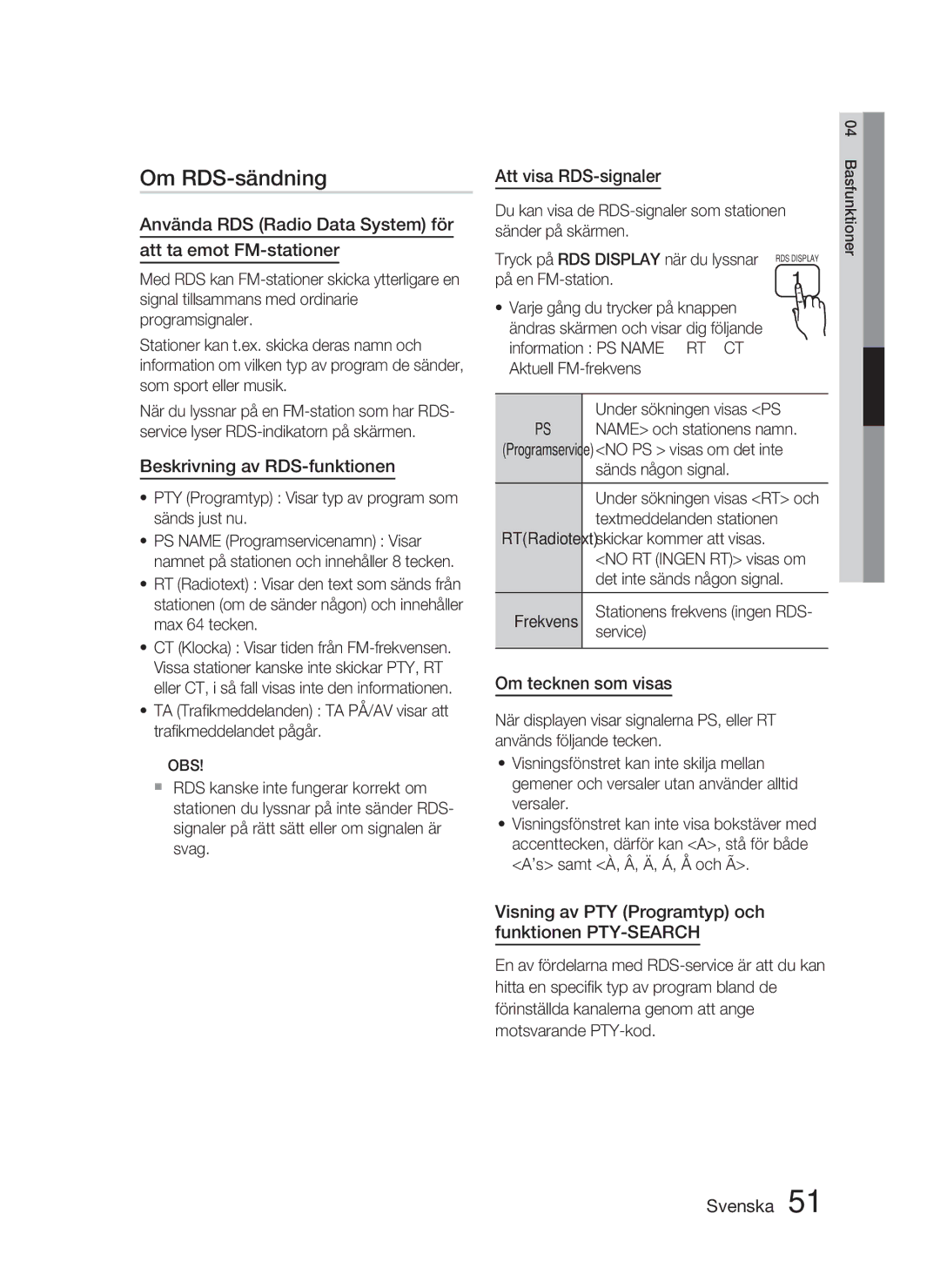 Samsung HT-D5000/XE manual Om RDS-sändning 