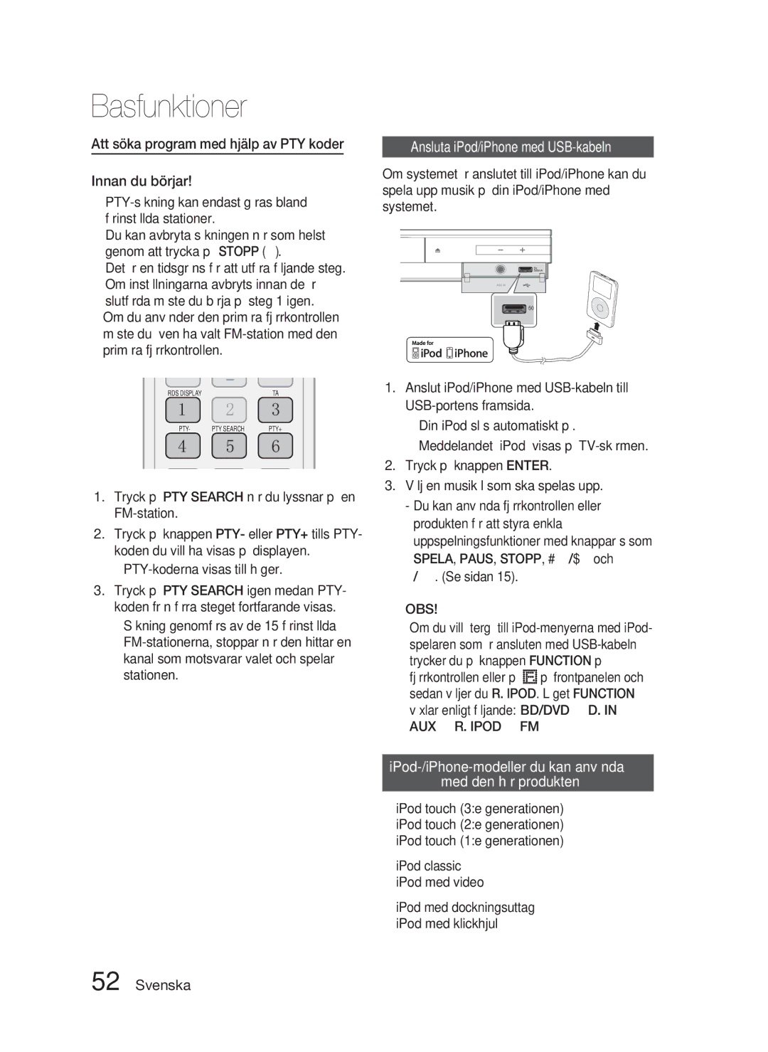 Samsung HT-D5000/XE manual Att söka program med hjälp av PTY koder Innan du börjar, Ansluta iPod/iPhone med USB-kabeln 