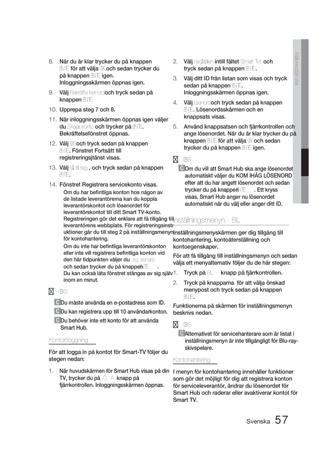 Samsung HT-D5000/XE Inställningsmenyn BLÅ D, Kontoinloggning, Kontohantering, 14. Fönstret Registrera servicekonto visas 