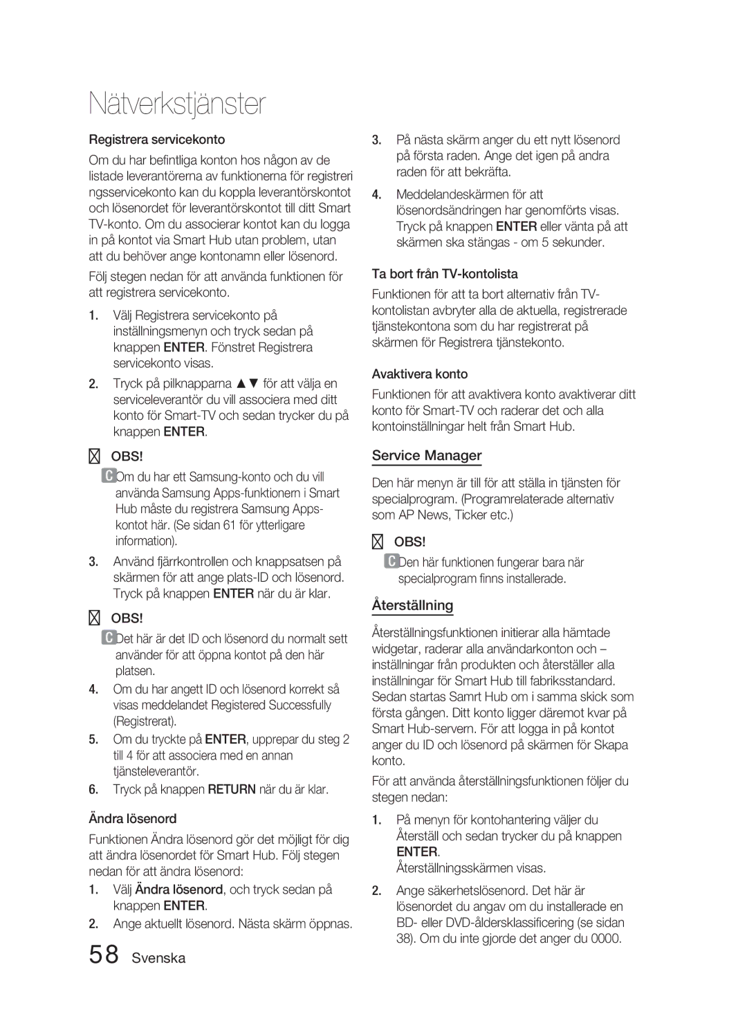 Samsung HT-D5000/XE manual Service Manager, Återställning, Registrera servicekonto, Ta bort från TV-kontolista 