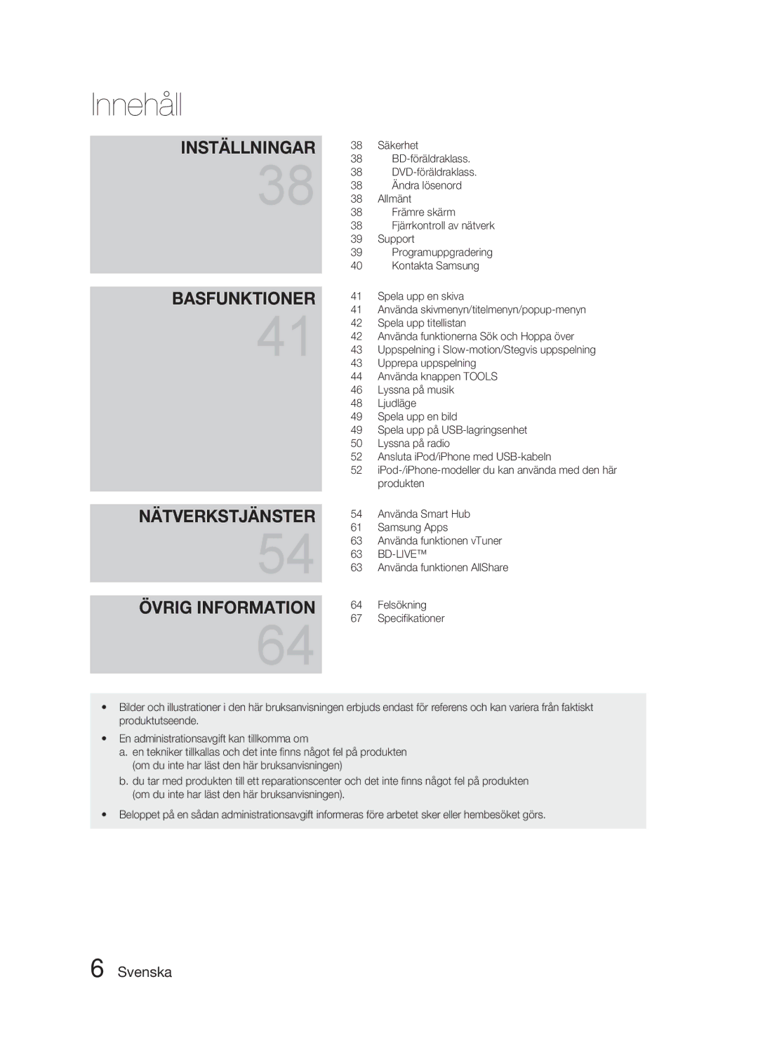 Samsung HT-D5000/XE manual Säkerhet, BD-föräldraklass, DVD-föräldraklass, Ändra lösenord, Allmänt, Främre skärm, Support 