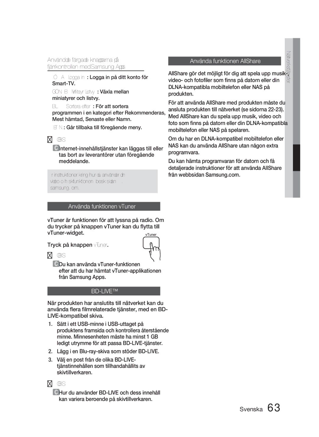 Samsung HT-D5000/XE manual Använda funktionen AllShare, Använda funktionen vTuner,  Du kan använda vTuner-funktionen 