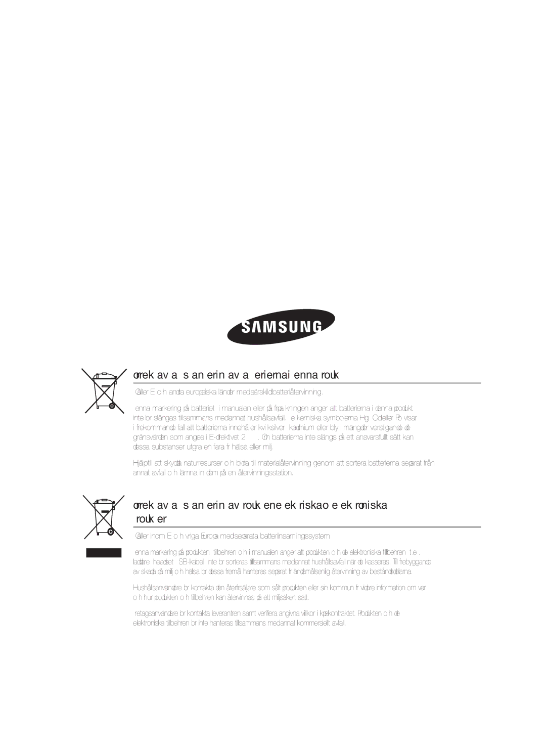 Samsung HT-D5000/XE manual Korrekt avfallshantering av batterierna i denna produkt 