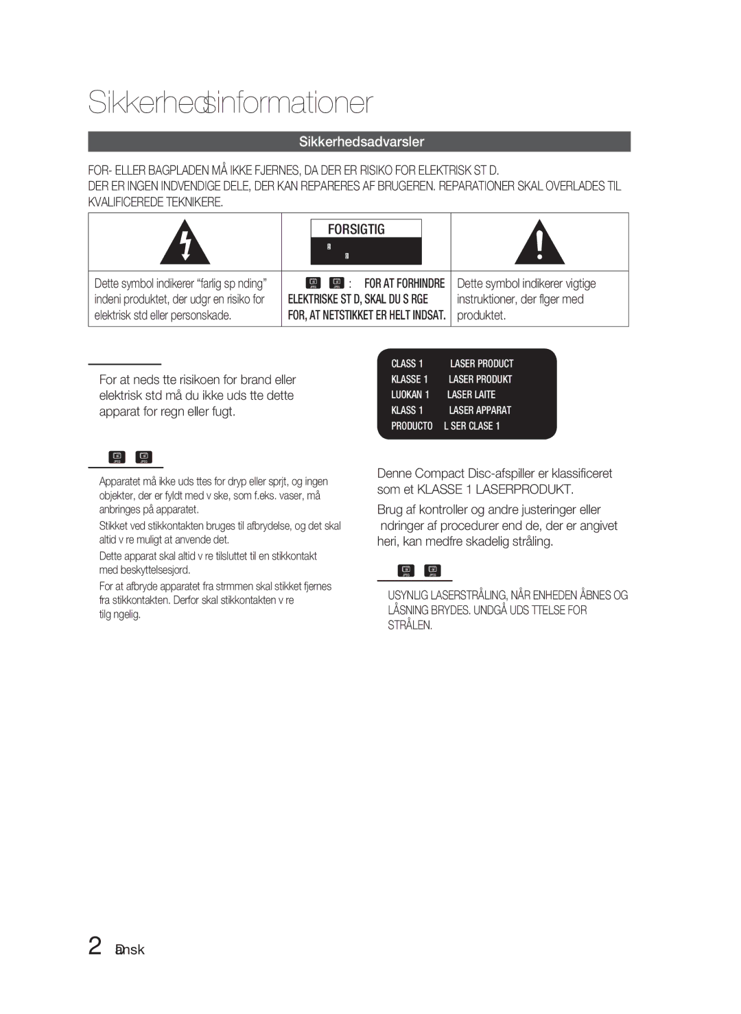 Samsung HT-D5000/XE manual Sikkerhedsinformationer, Sikkerhedsadvarsler, Dansk, Klasse 1 Laserprodukt 