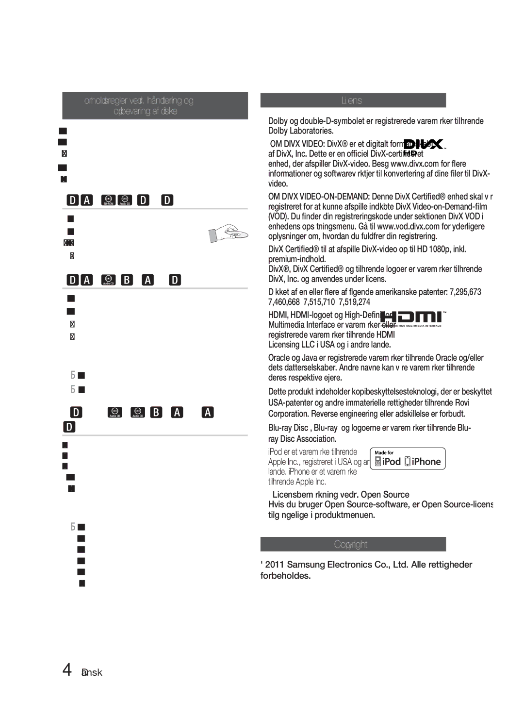 Samsung HT-D5000/XE manual Sådan holdes diske, Sådan opbevares diske, Håndtering og opbevaring af diske, Copyright 