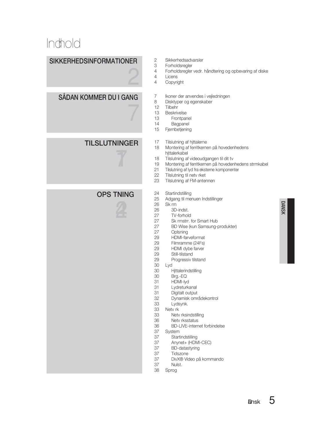 Samsung HT-D5000/XE manual Indhold 