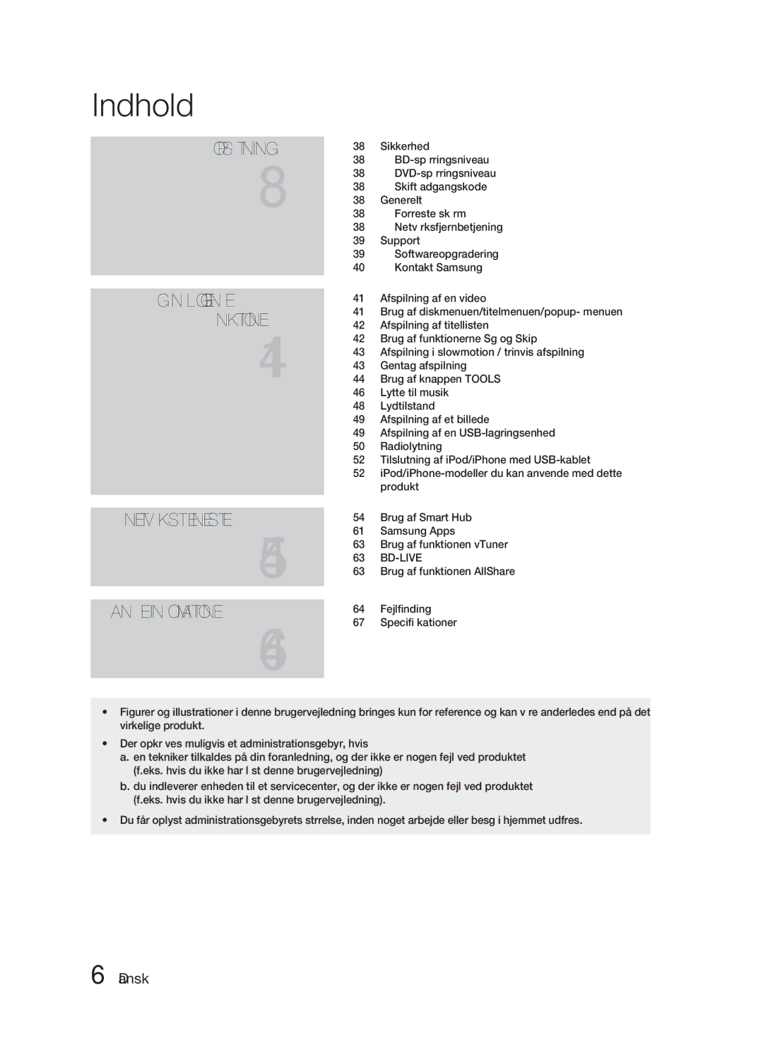 Samsung HT-D5000/XE manual Sikkerhed, BD-spærringsniveau, Skift adgangskode, Generelt, Forreste skærm, Softwareopgradering 