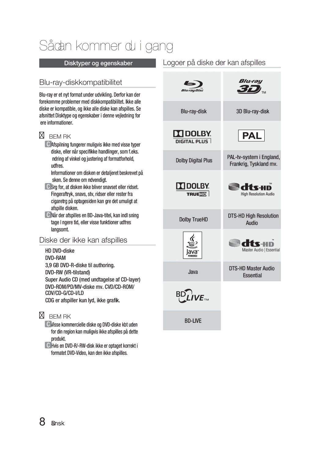 Samsung HT-D5000/XE manual Blu-ray-diskkompatibilitet, Diske der ikke kan afspilles, Logoer på diske der kan afspilles 