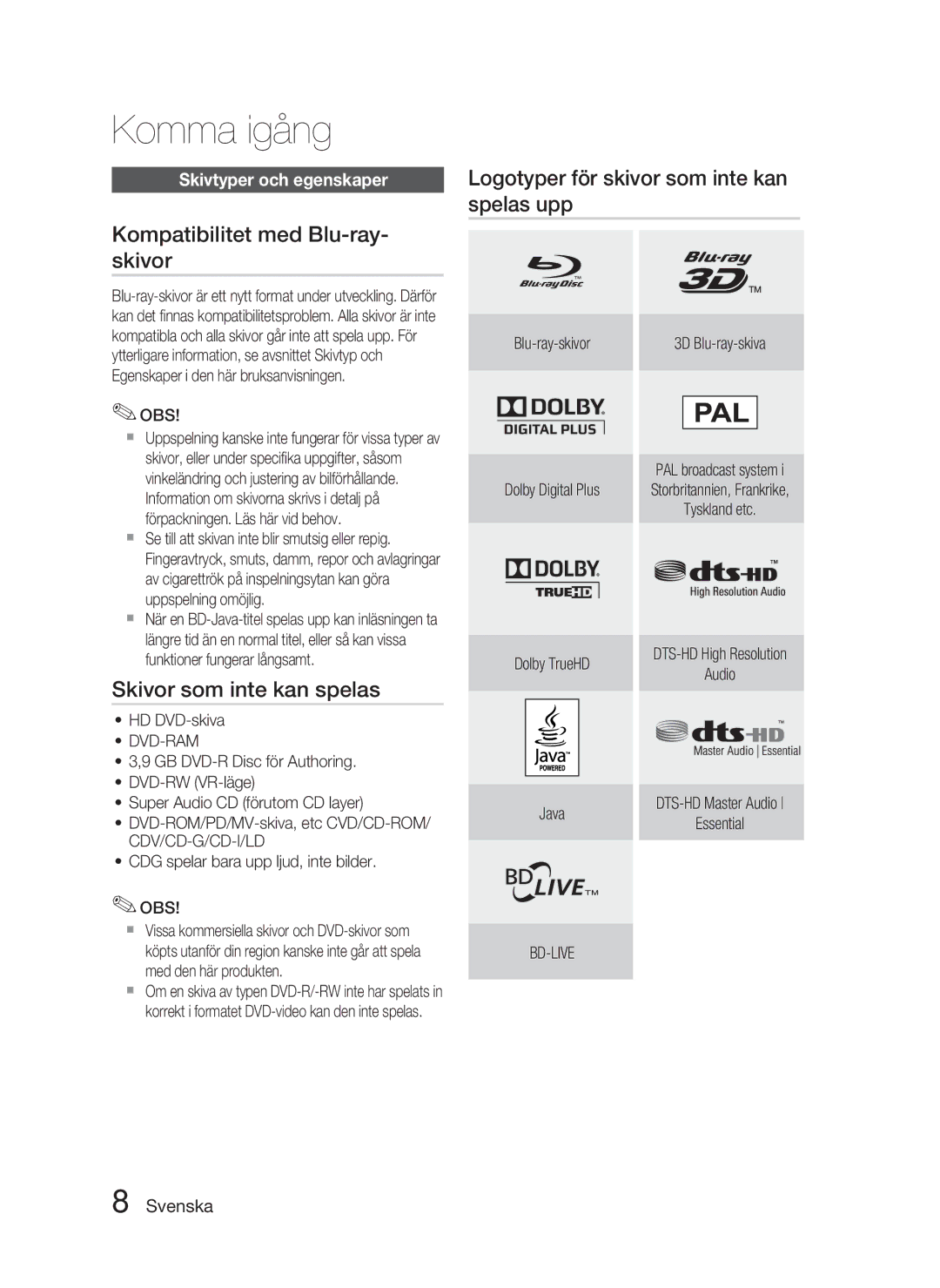 Samsung HT-D5000/XE manual Kompatibilitet med Blu-ray- skivor, Skivor som inte kan spelas, Skivtyper och egenskaper 