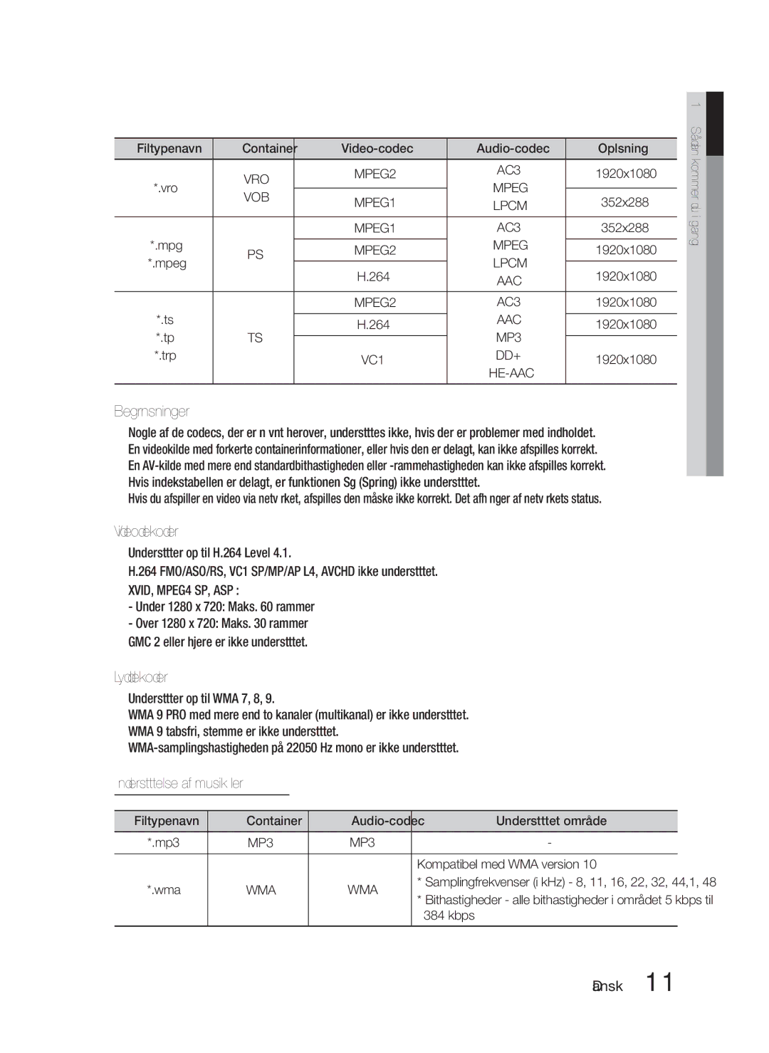 Samsung HT-D5000/XE manual Begrænsninger, Lyddekoder, Understøttelse af musikﬁler 