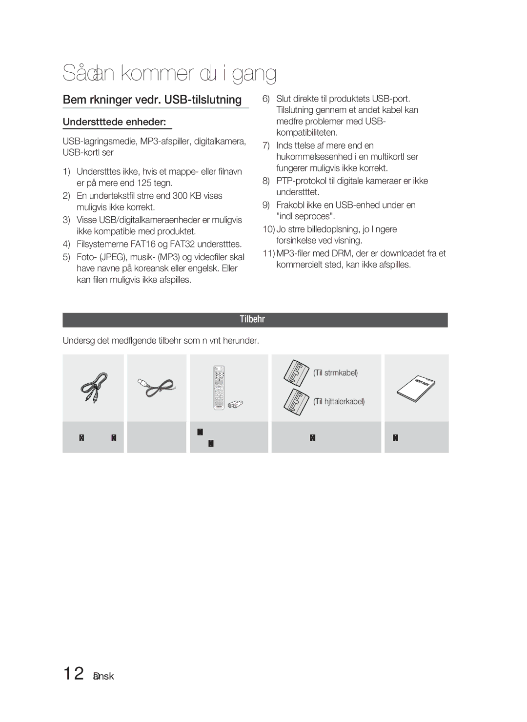 Samsung HT-D5000/XE Bemærkninger vedr. USB-tilslutning, Understøttede enheder, Tilbehør, Ferritkerne Brugervejledning 