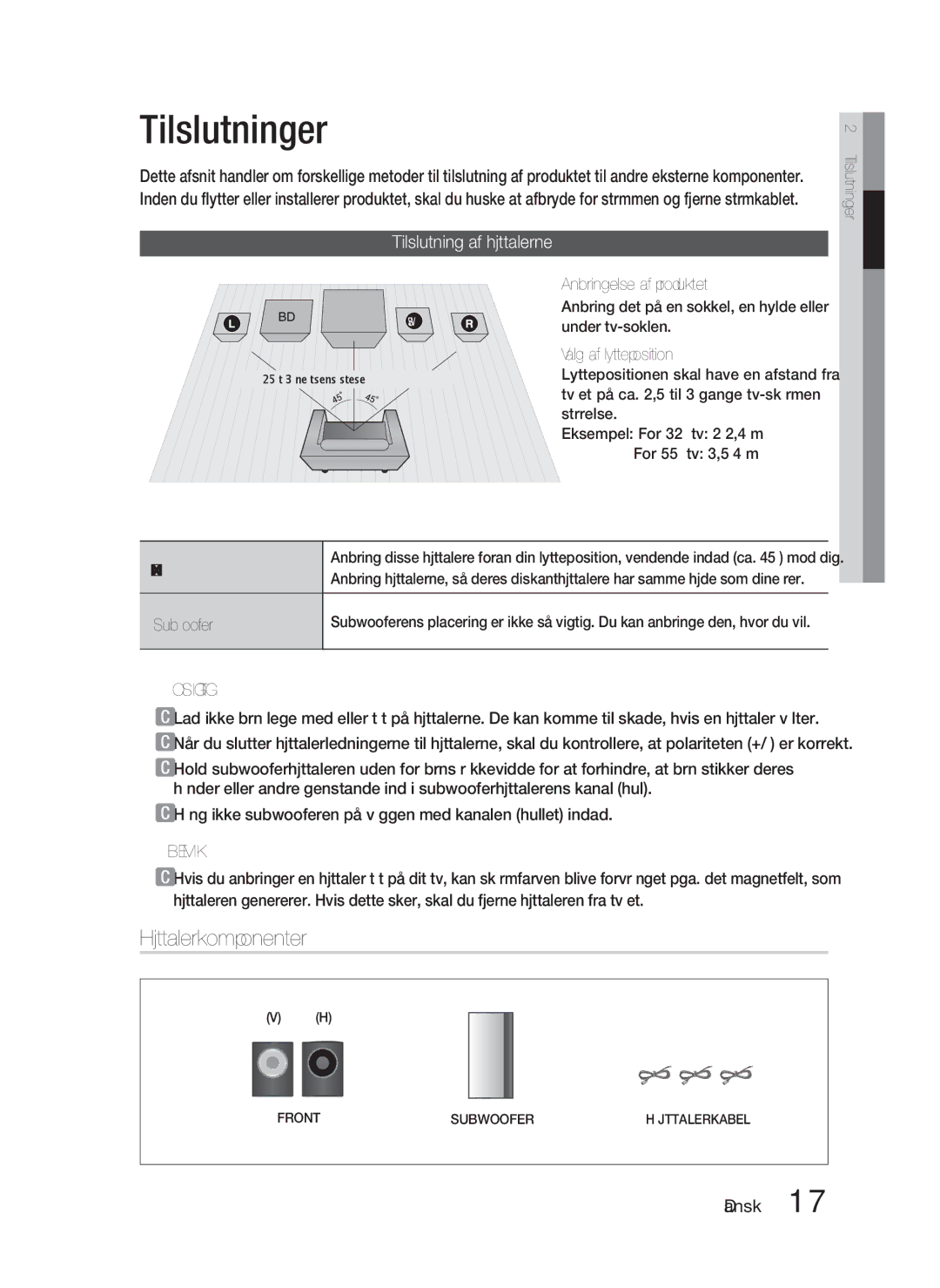 Samsung HT-D5000/XE manual Tilslutninger, Højttalerkomponenter, Tilslutning af højttalerne, Fronthøjttalere ei Subwoofer g 