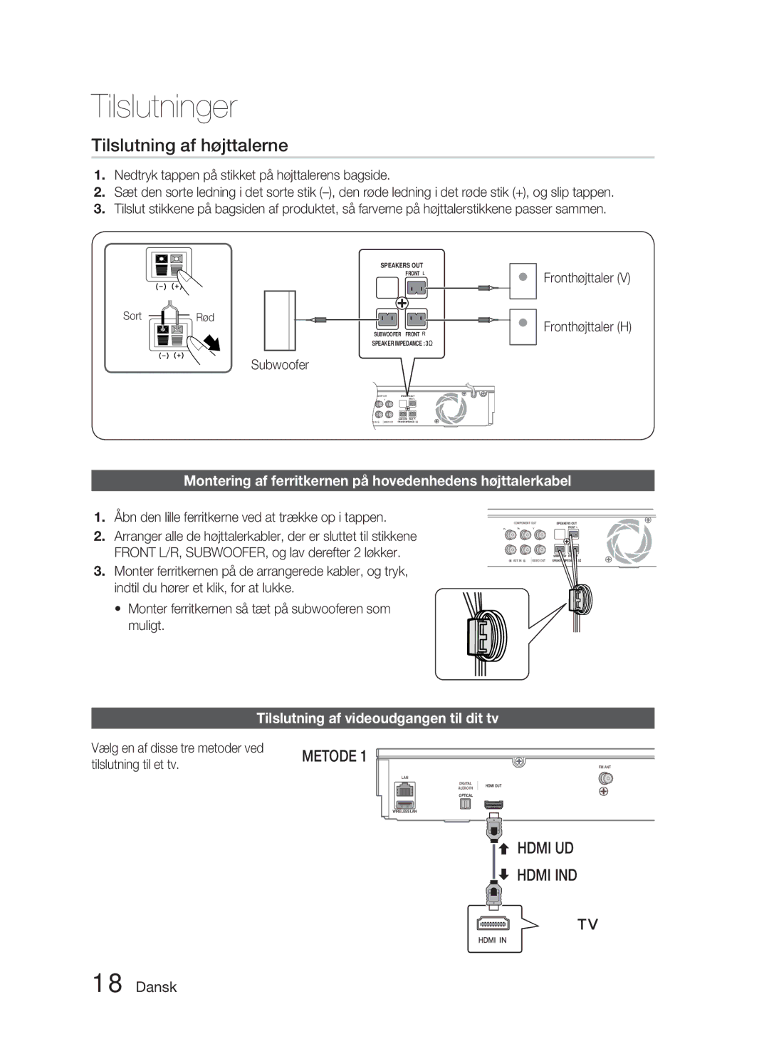 Samsung HT-D5000/XE manual Tilslutning af højttalerne, Montering af ferritkernen på hovedenhedens højttalerkabel 