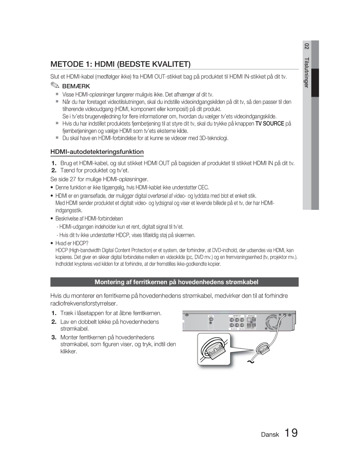 Samsung HT-D5000/XE manual HDMI-autodetekteringsfunktion, Montering af ferritkernen på hovedenhedens strømkabel, Klikker 