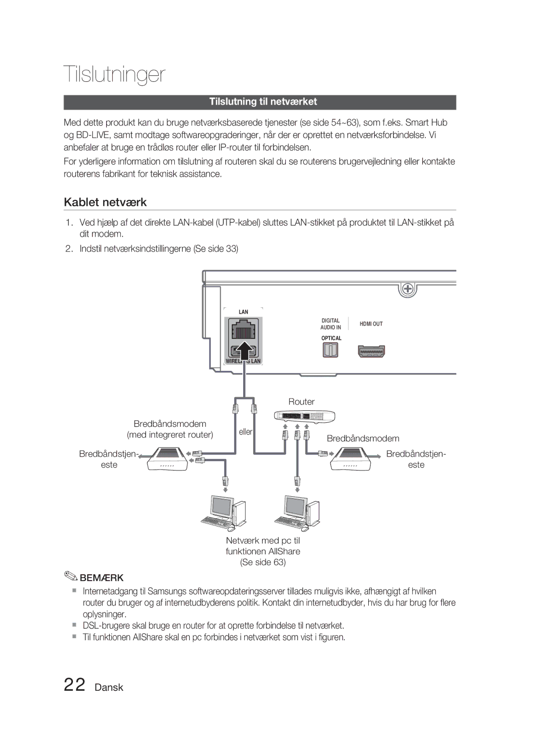 Samsung HT-D5000/XE manual Tilslutning til netværket, Bredbåndstjen Este, Router Bredbåndsmodem, Med integreret router 