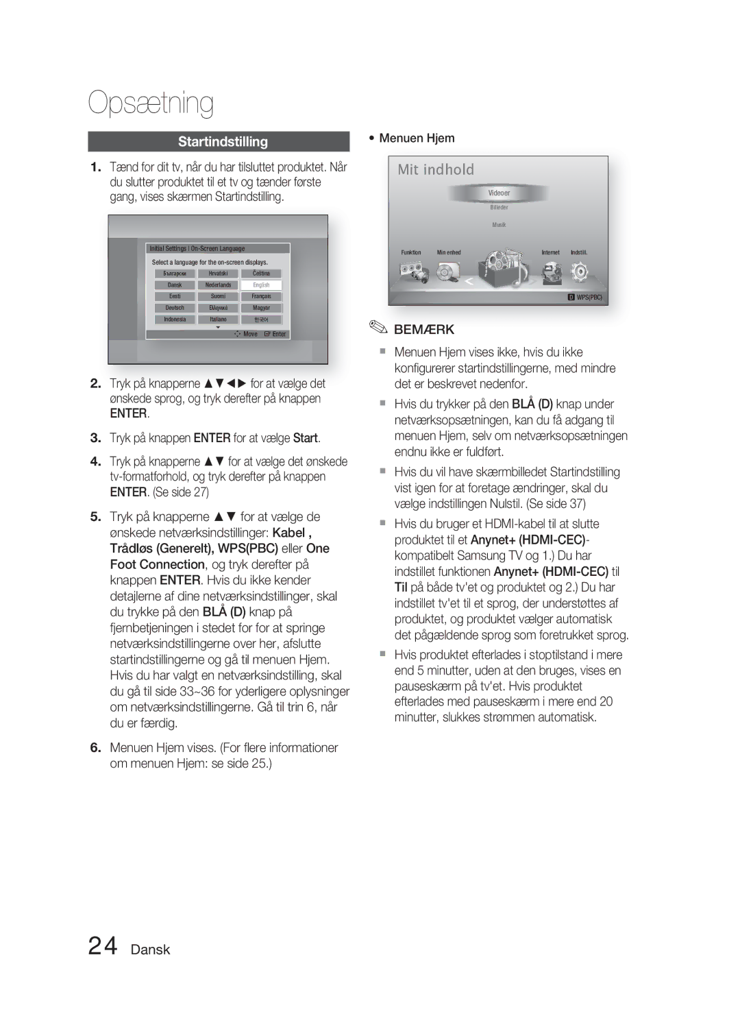 Samsung HT-D5000/XE manual Opsætning, Startindstilling, Menuen Hjem 