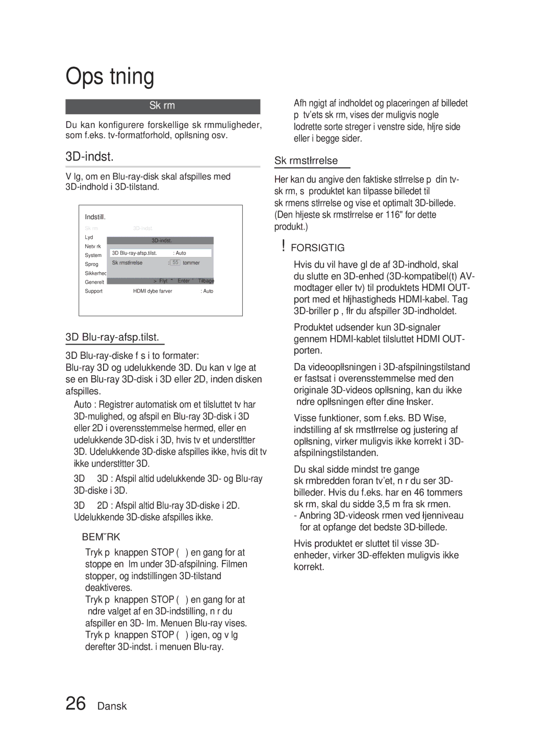 Samsung HT-D5000/XE manual 3D-indst, 3D Blu-ray-afsp.tilst, Skærmstørrelse 