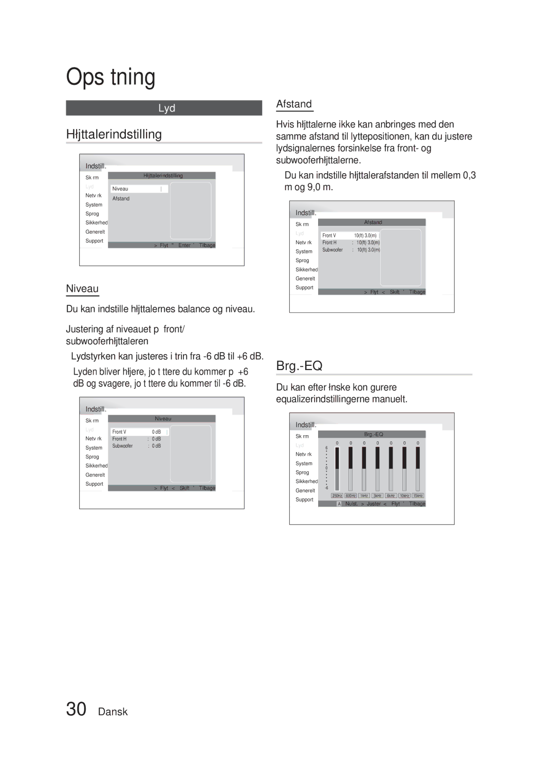 Samsung HT-D5000/XE manual Højttalerindstilling, Brg.-EQ, Afstand, Niveau 