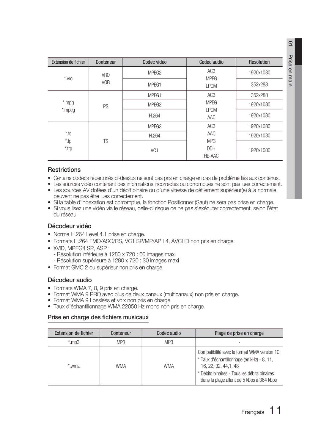 Samsung HT-D5000/ZF, HT-D5000/XN manual Restrictions, Décodeur vidéo, Décodeur audio, Prise en charge des ﬁchiers musicaux 