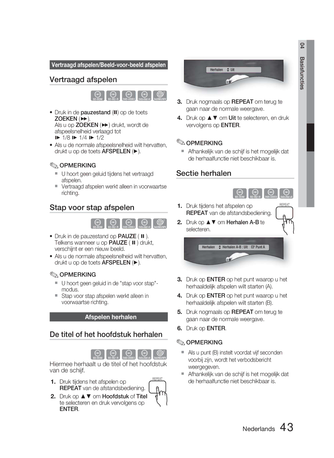 Samsung HT-D5000/EN manual Vertraagd afspelen, Stap voor stap afspelen, De titel of het hoofdstuk herhalen, Sectie herhalen 