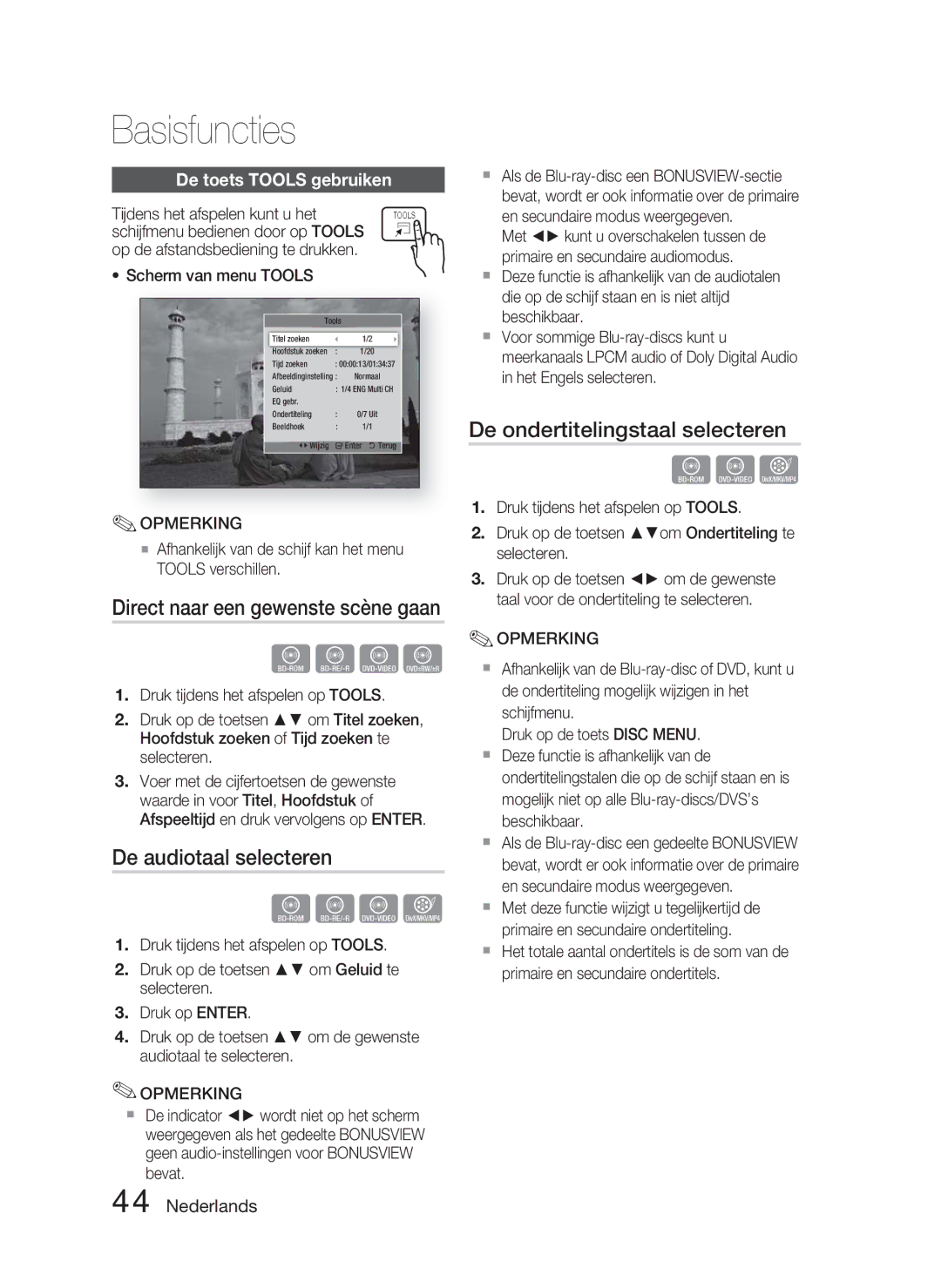 Samsung HT-D5000/ZF, HT-D5000/XN manual De audiotaal selecteren, De ondertitelingstaal selecteren, De toets Tools gebruiken 