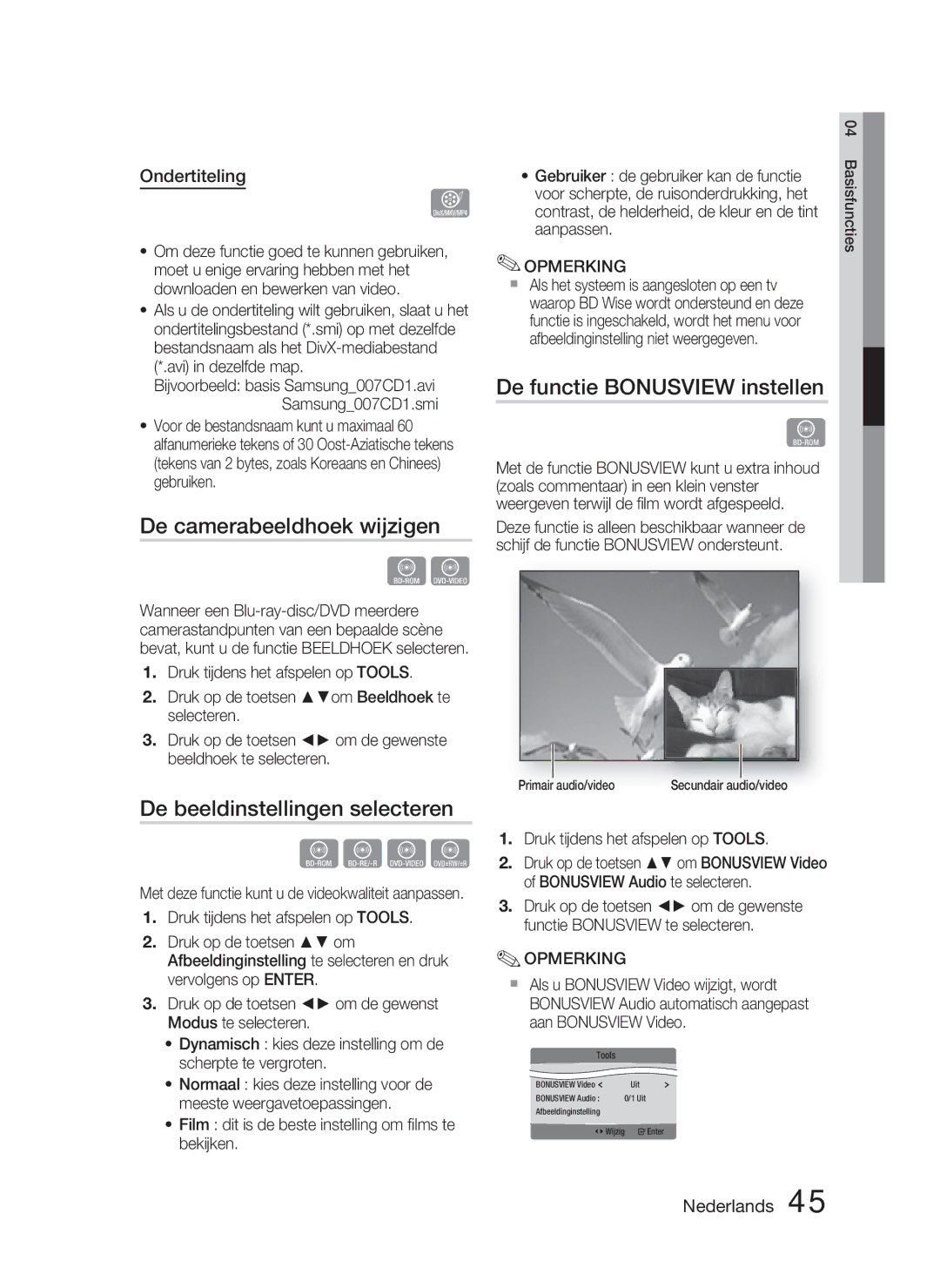 Samsung HT-D5000/XN manual De camerabeeldhoek wijzigen, De functie Bonusview instellen, De beeldinstellingen selecteren 